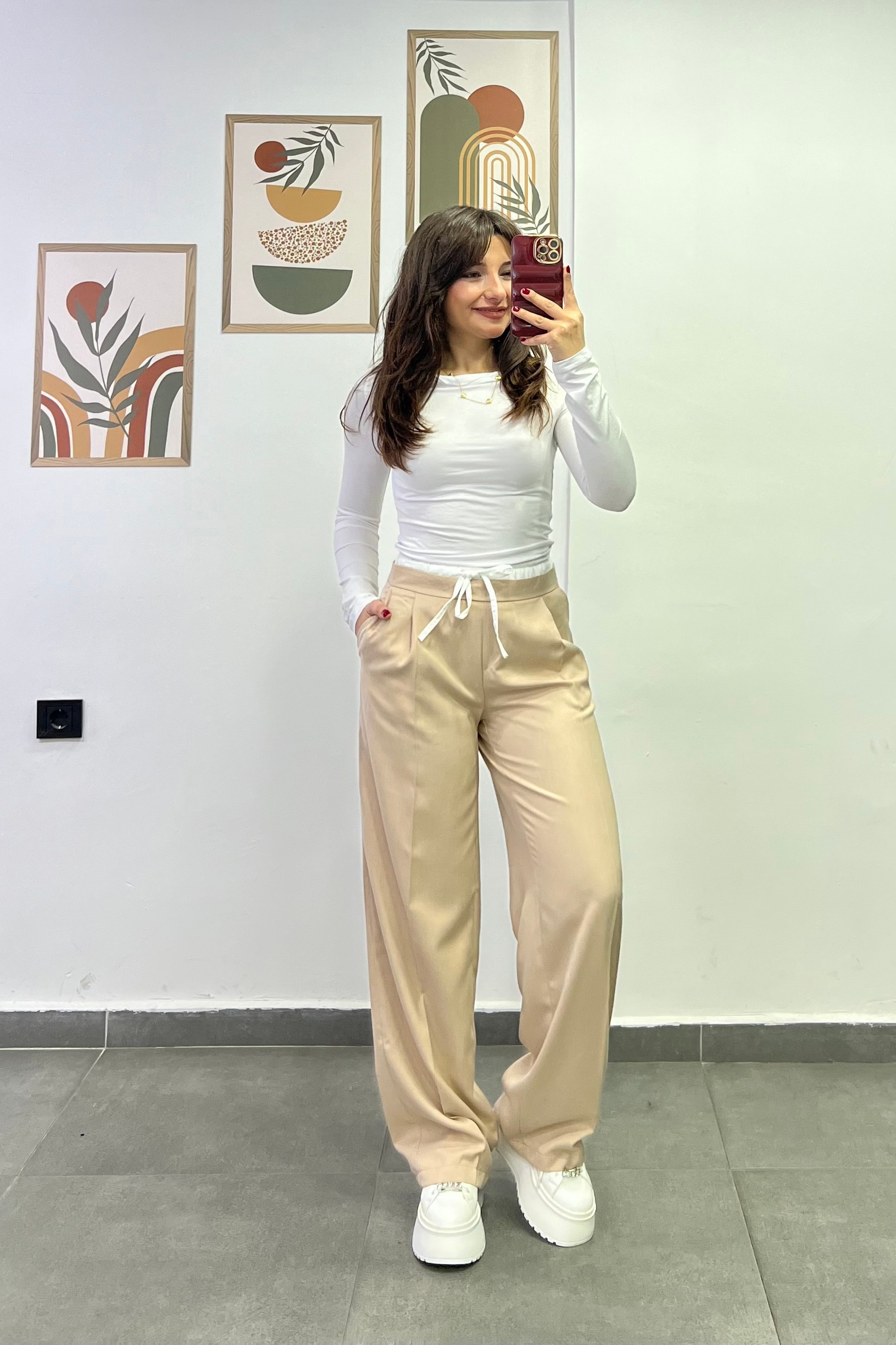 Bel Kısmı Lastikli Çift Kemer Detaylı Cepli Palazzo Kumaş Pantolon - BEJ