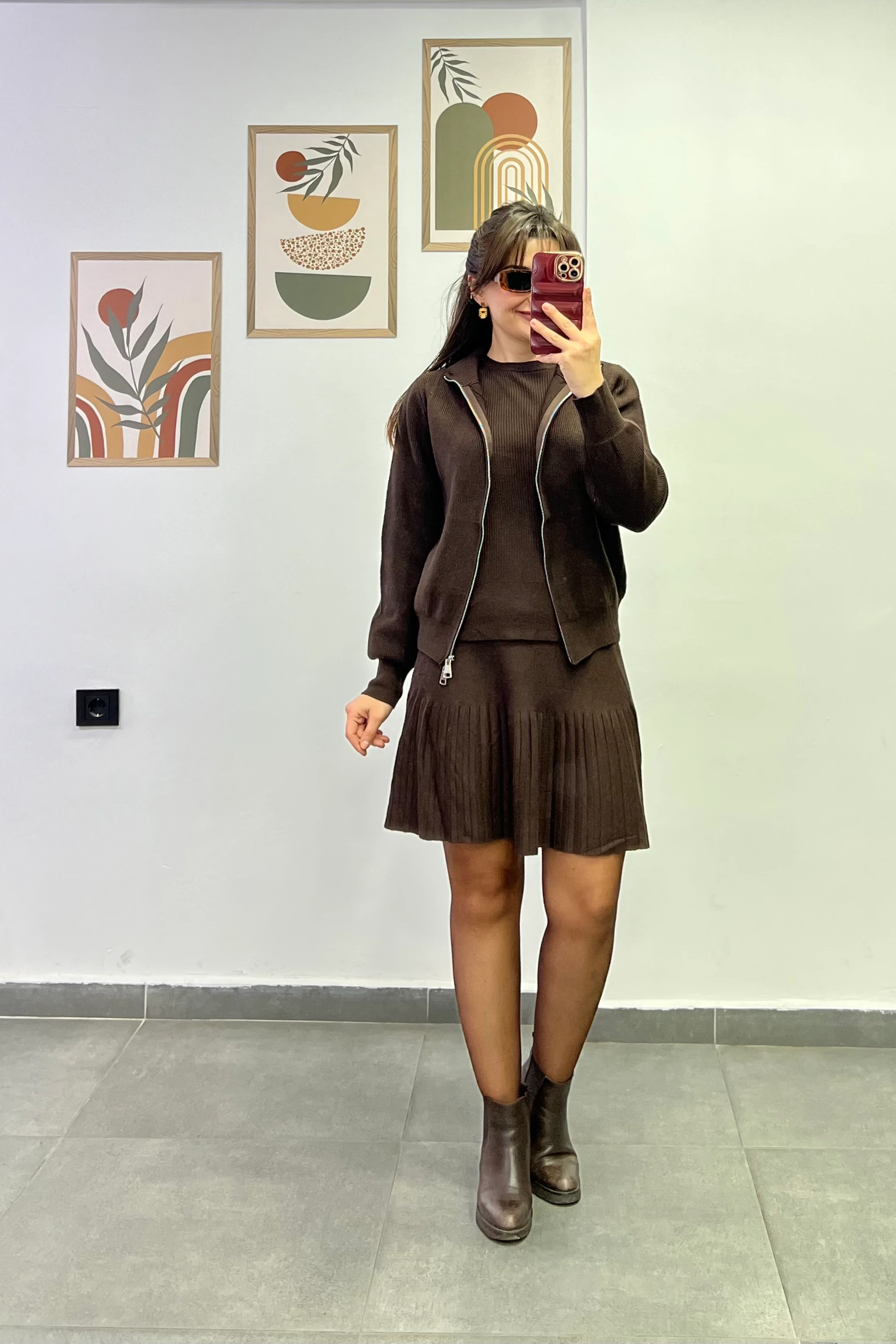 İçi Kısa Kollu Üzeri Fermuarlı Hırka Detaylı Etekli Triko Üçlü Takım - KAHVERENGİ