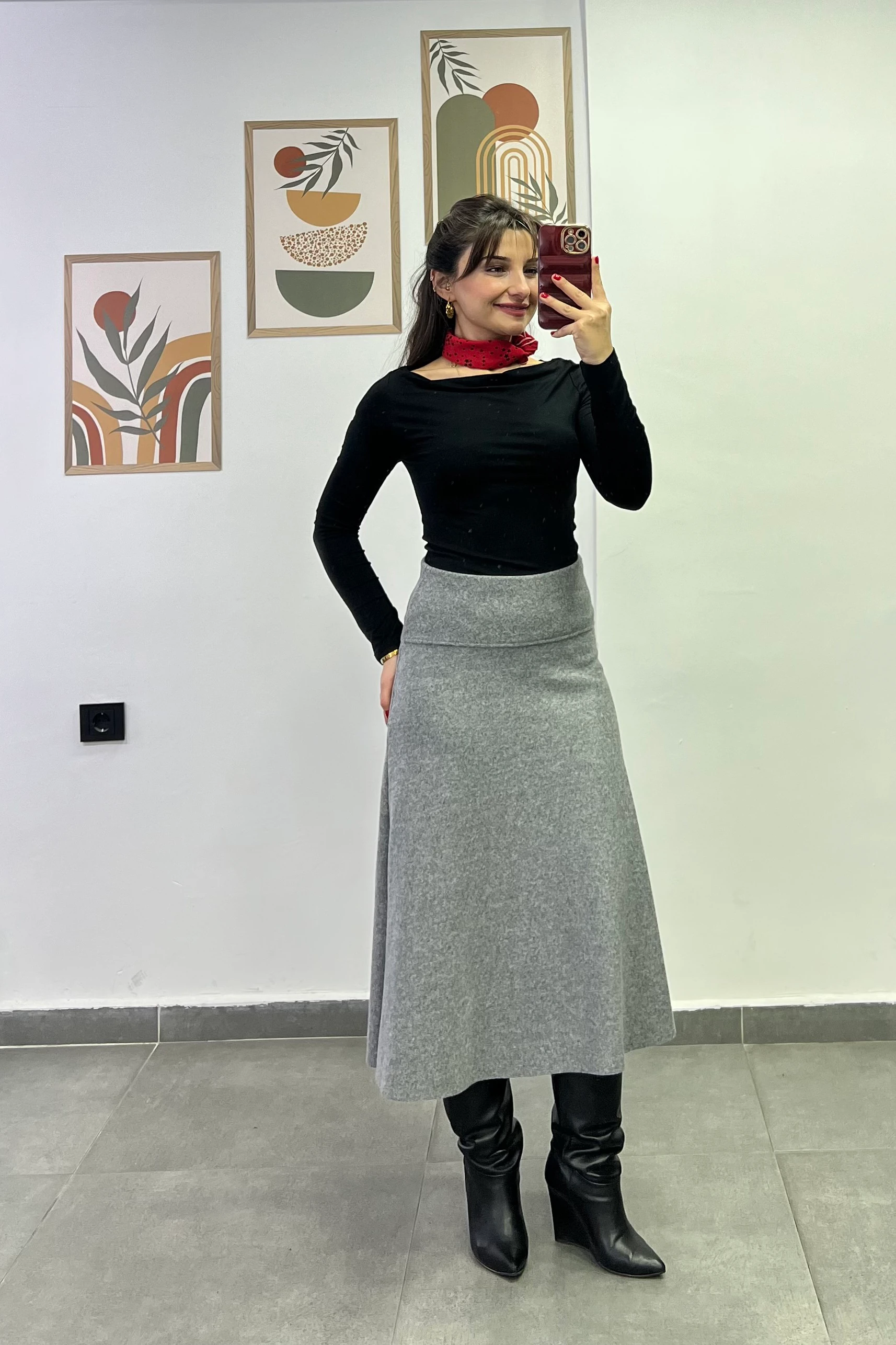 Beli Kalın Korsaj Detaylı Etek Ucu Kesik Selanik Kumaş Çan Etek - AÇIK GRİ