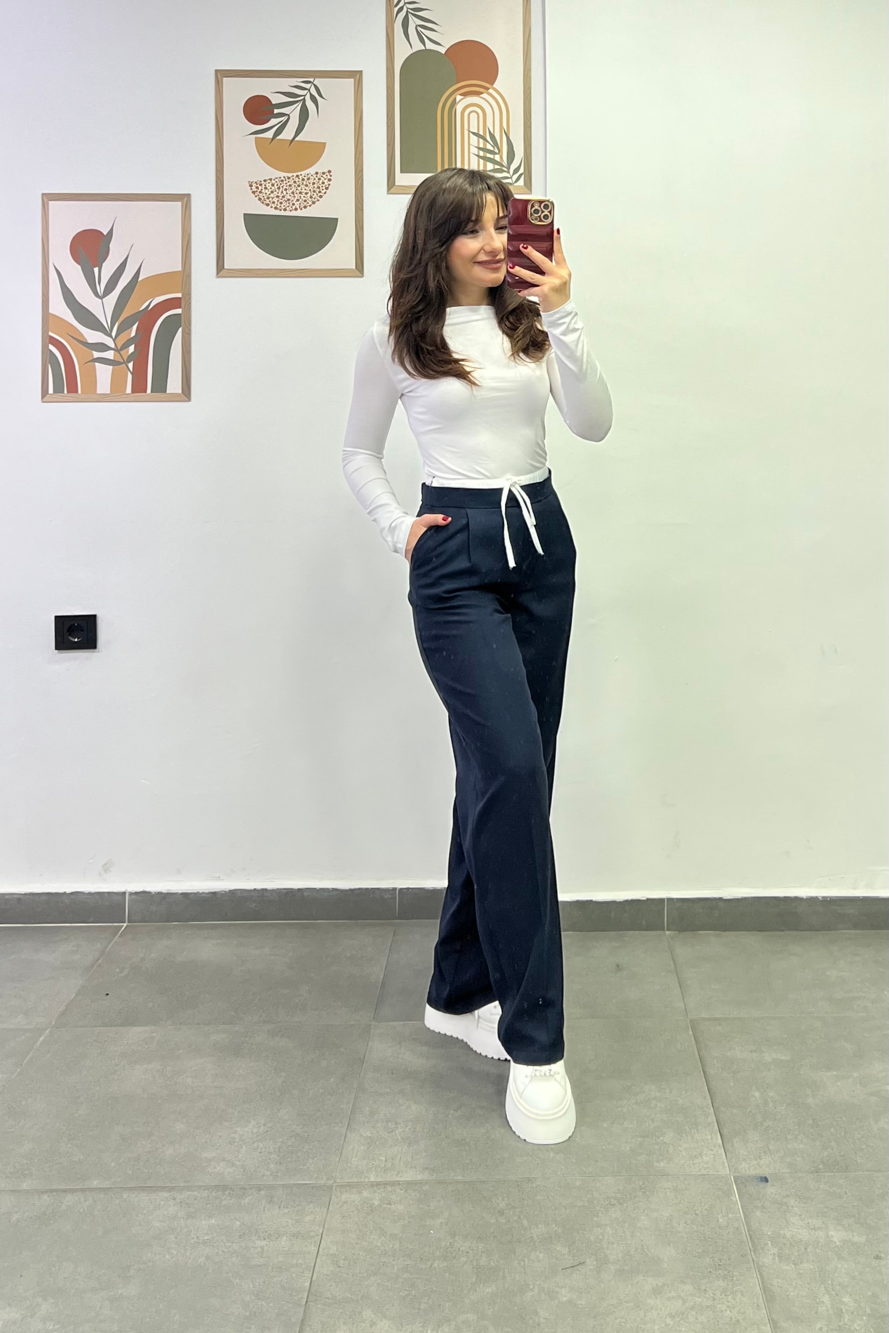 Bel Kısmı Lastikli Çift Kemer Detaylı Cepli Palazzo Kumaş Pantolon - LACIVERT