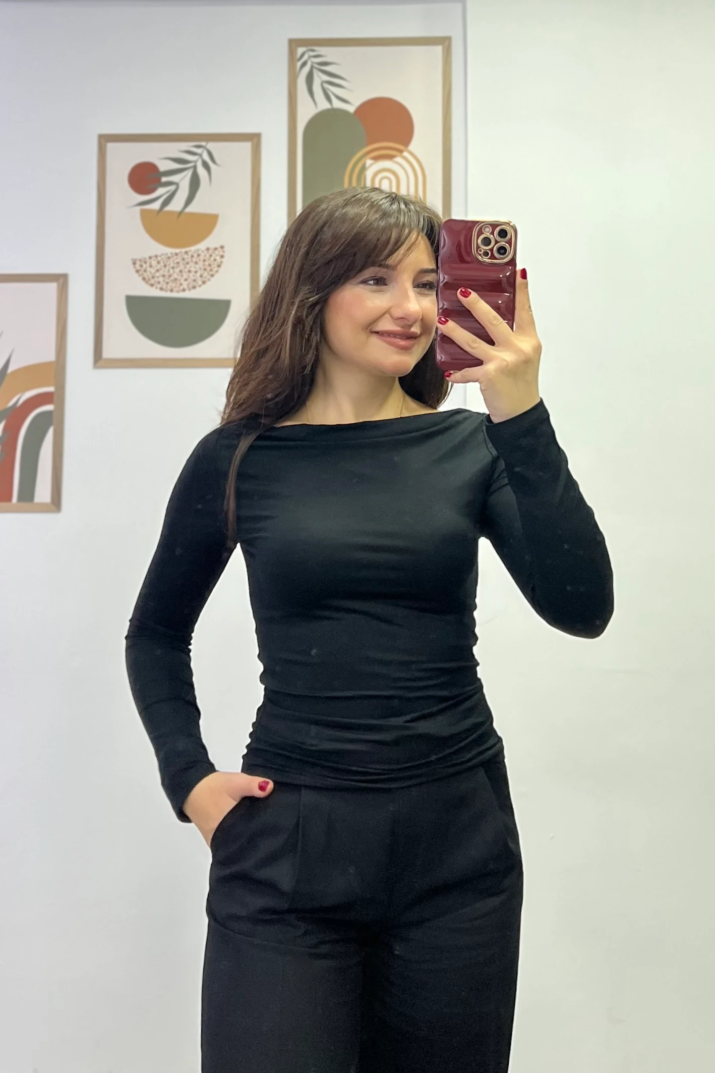 Kayık Yaka Yanları Drapeli Uzun Kollu Bluz - Siyah