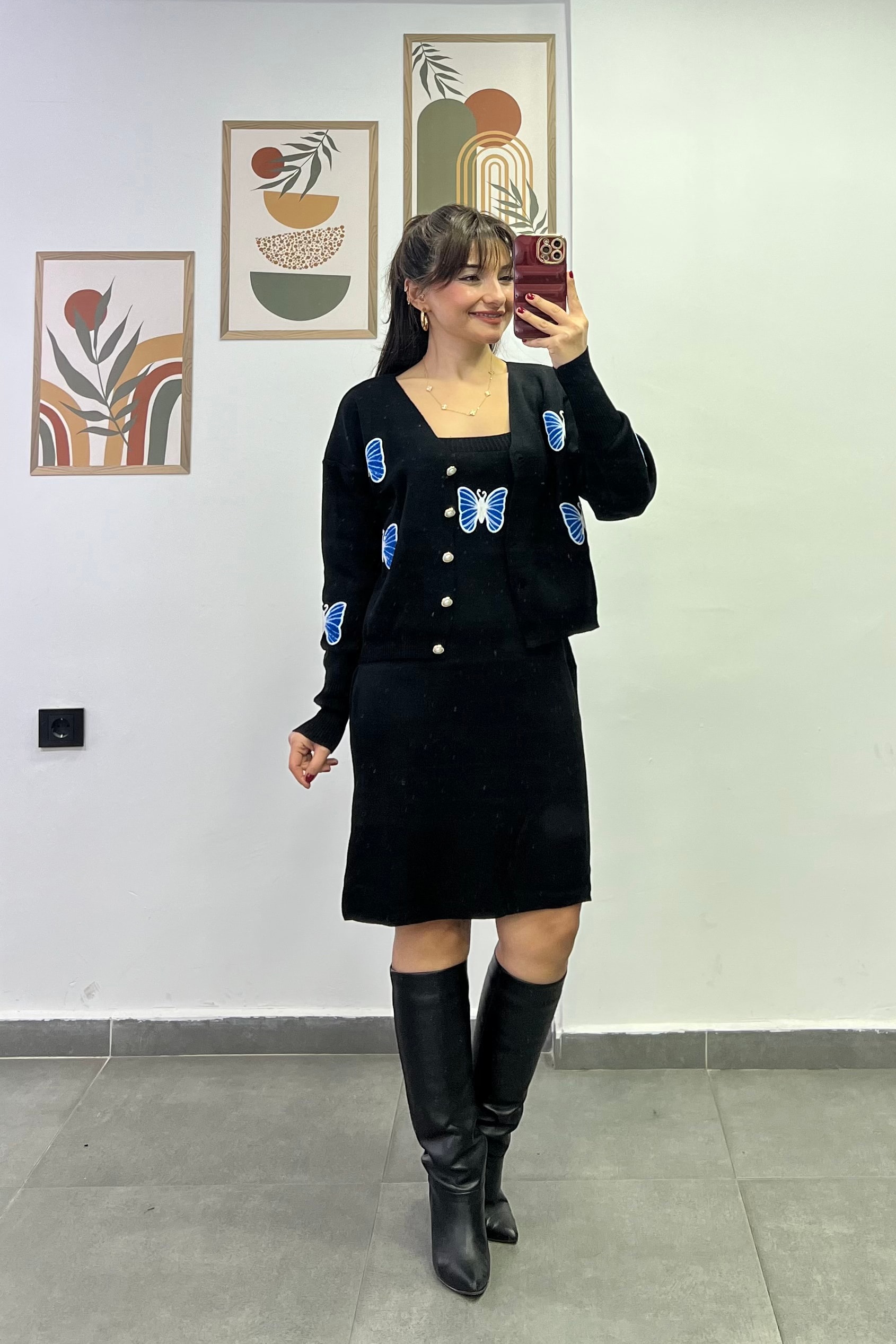 İç Elbisesi İp Askılı Üzeri Kelebek Nakışlı Hırka Detaylı Triko Takım