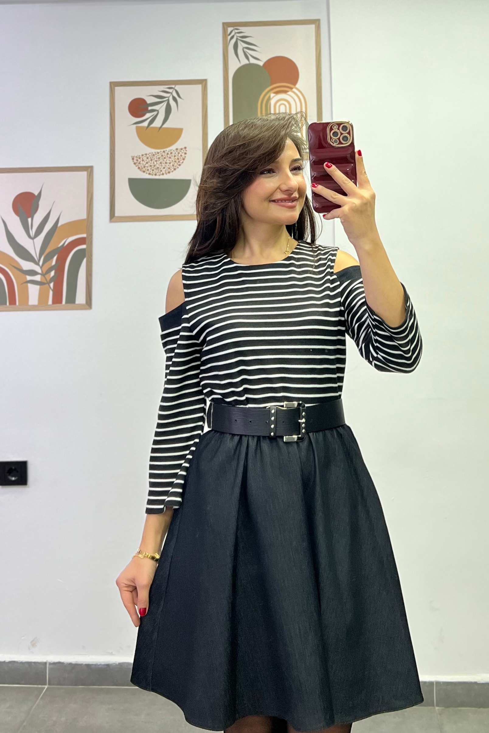 Pencere Omuzlu Üzeri Çizgili Triko Eteği Likralı Kot Kumaş Kloş Elbise 