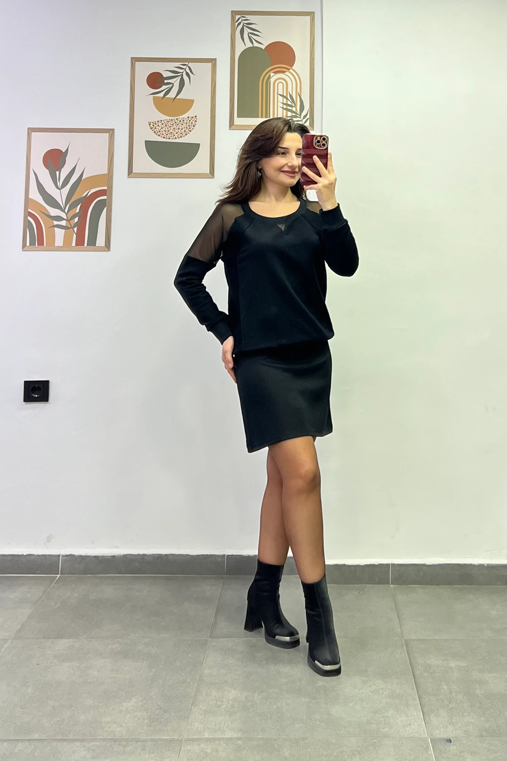 İki Yanı Ribanalı Omuzları Tül Detaylı Sweatshirt - Siyah