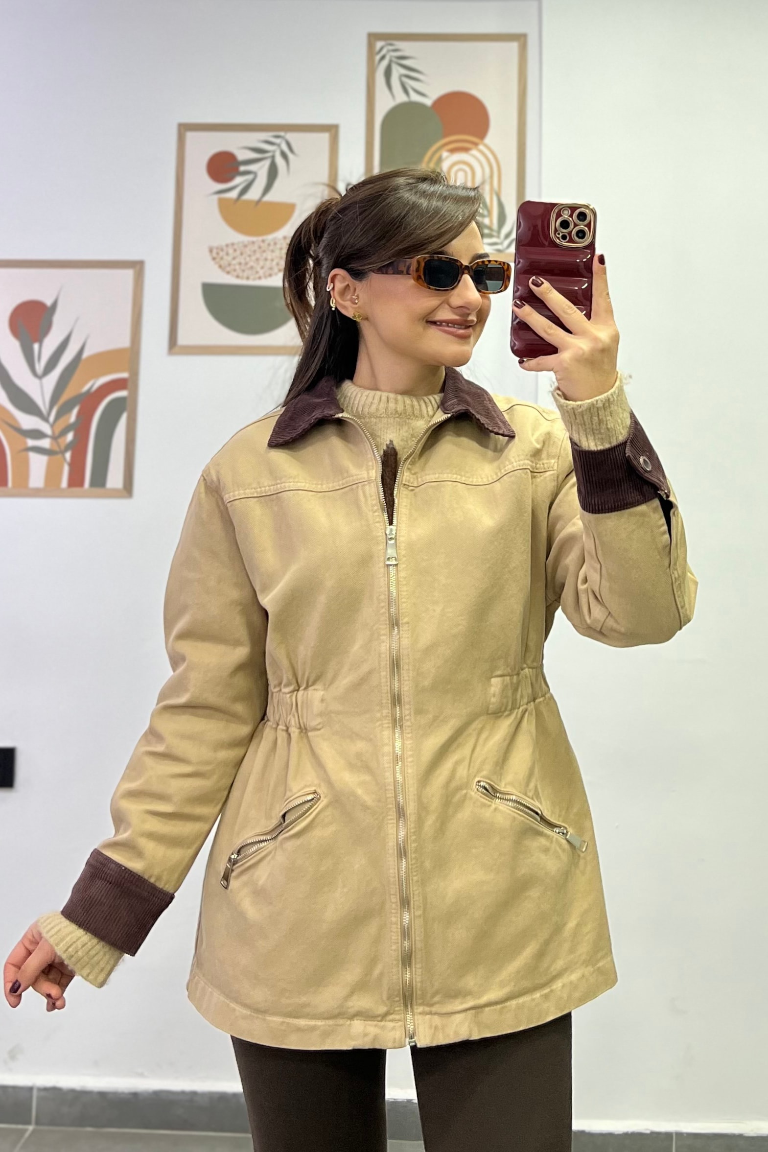 Yakası Ve Kolları Fitilli Kadife Beli Lastik Detaylı  - CAMEL