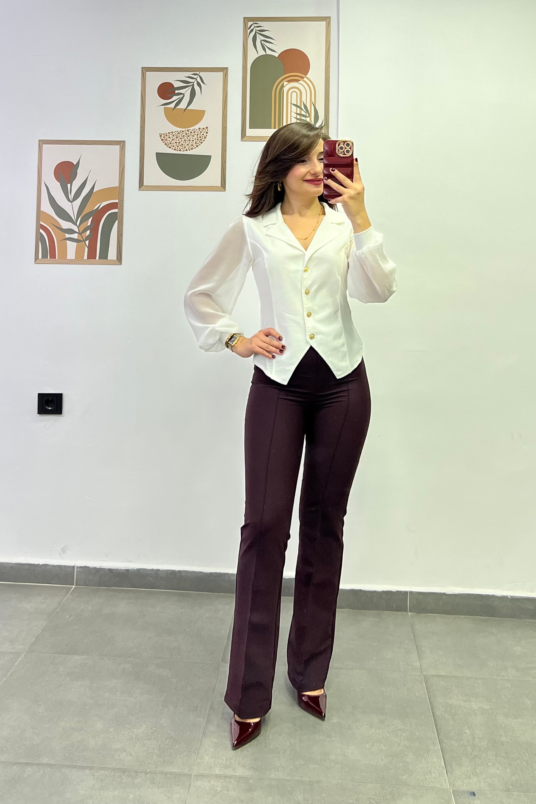 Yandan Fermuar Detaylı Önü Çima Dikişli Hafif İspanyol Paça Toparlayıcı Scuba Kumaş Pantolon - BORDO