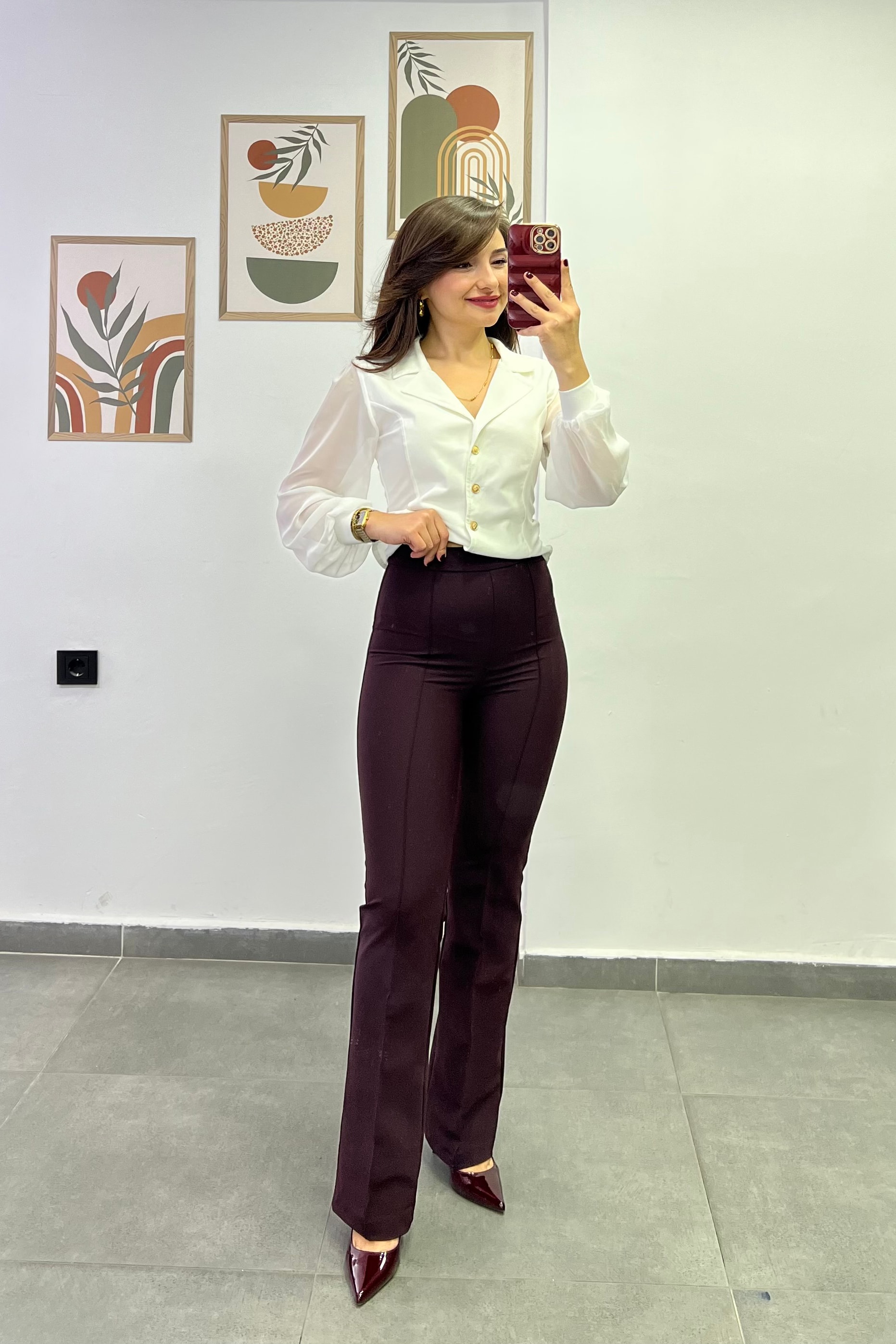 Yandan Fermuar Detaylı Önü Çima Dikişli Hafif İspanyol Paça Toparlayıcı Scuba Kumaş Pantolon - BORDO