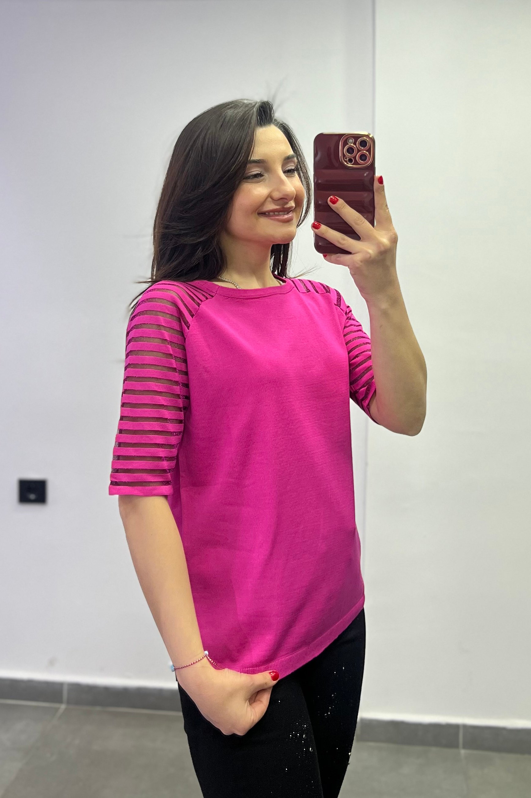 Kolları Simli Tül Detaylı Triko - PEMBE