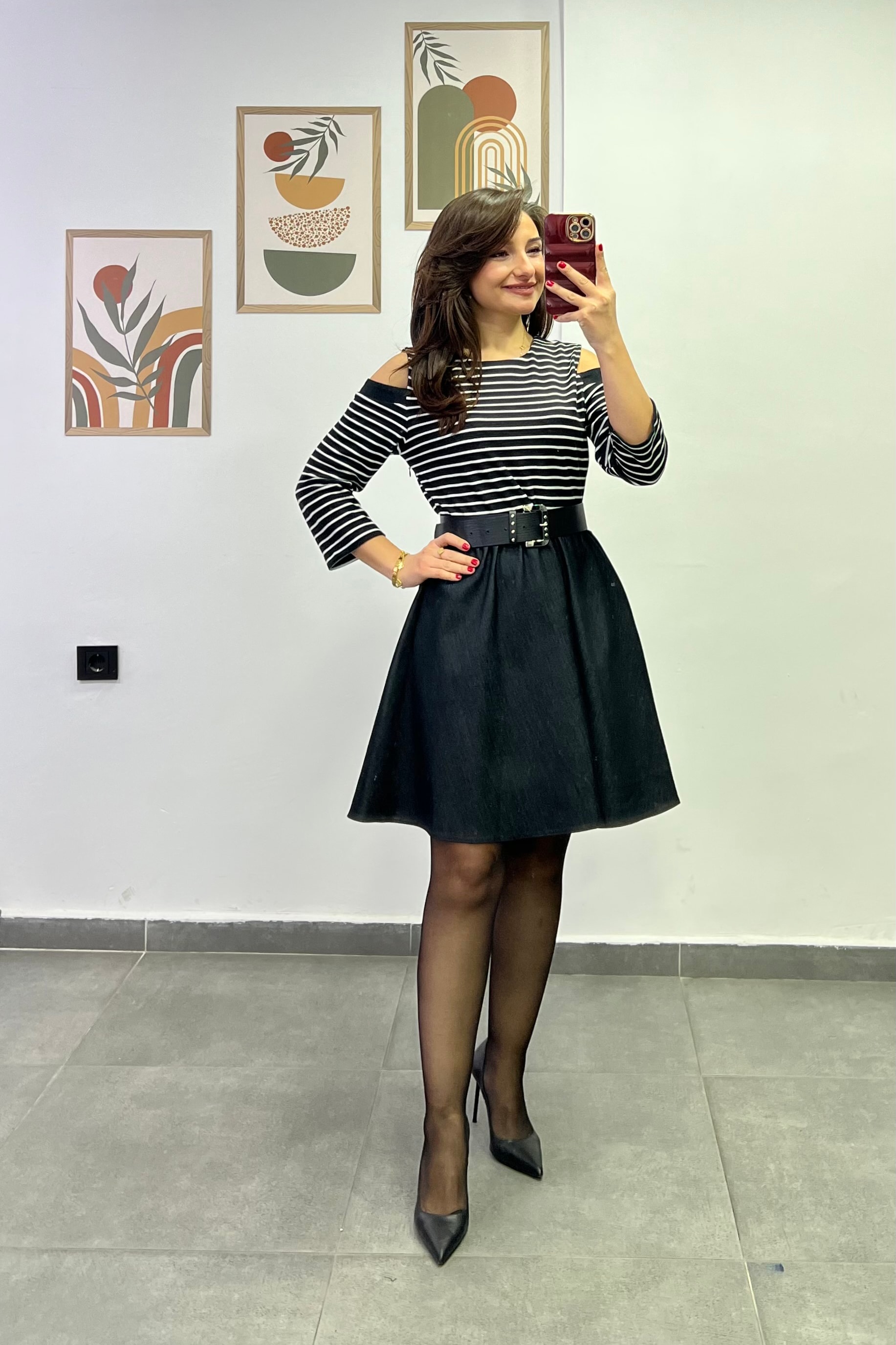 Pencere Omuzlu Üzeri Çizgili Triko Eteği Likralı Kot Kumaş Kloş Elbise 