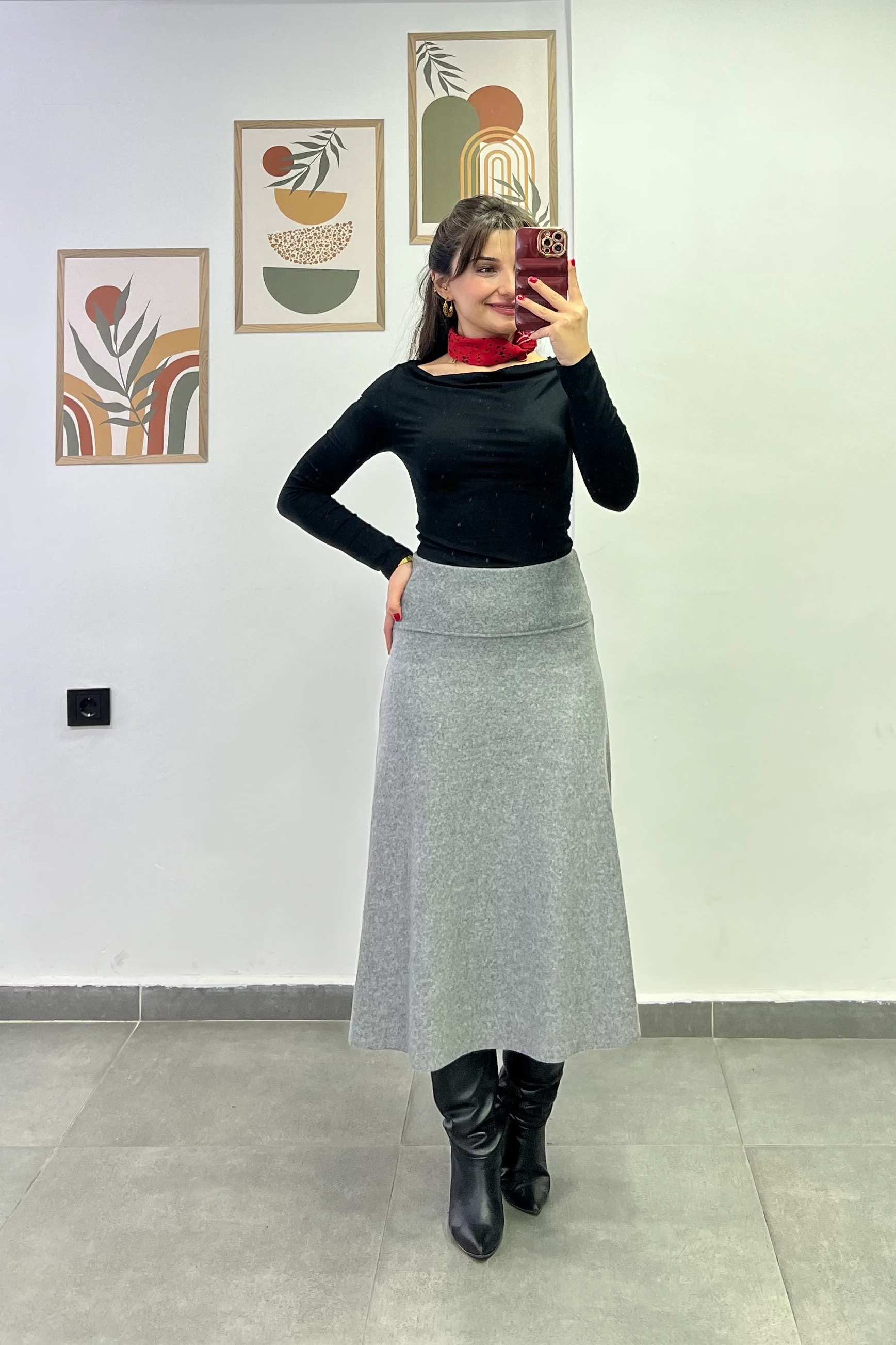 Beli Kalın Korsaj Detaylı Etek Ucu Kesik Selanik Kumaş Çan Etek - AÇIK GRİ