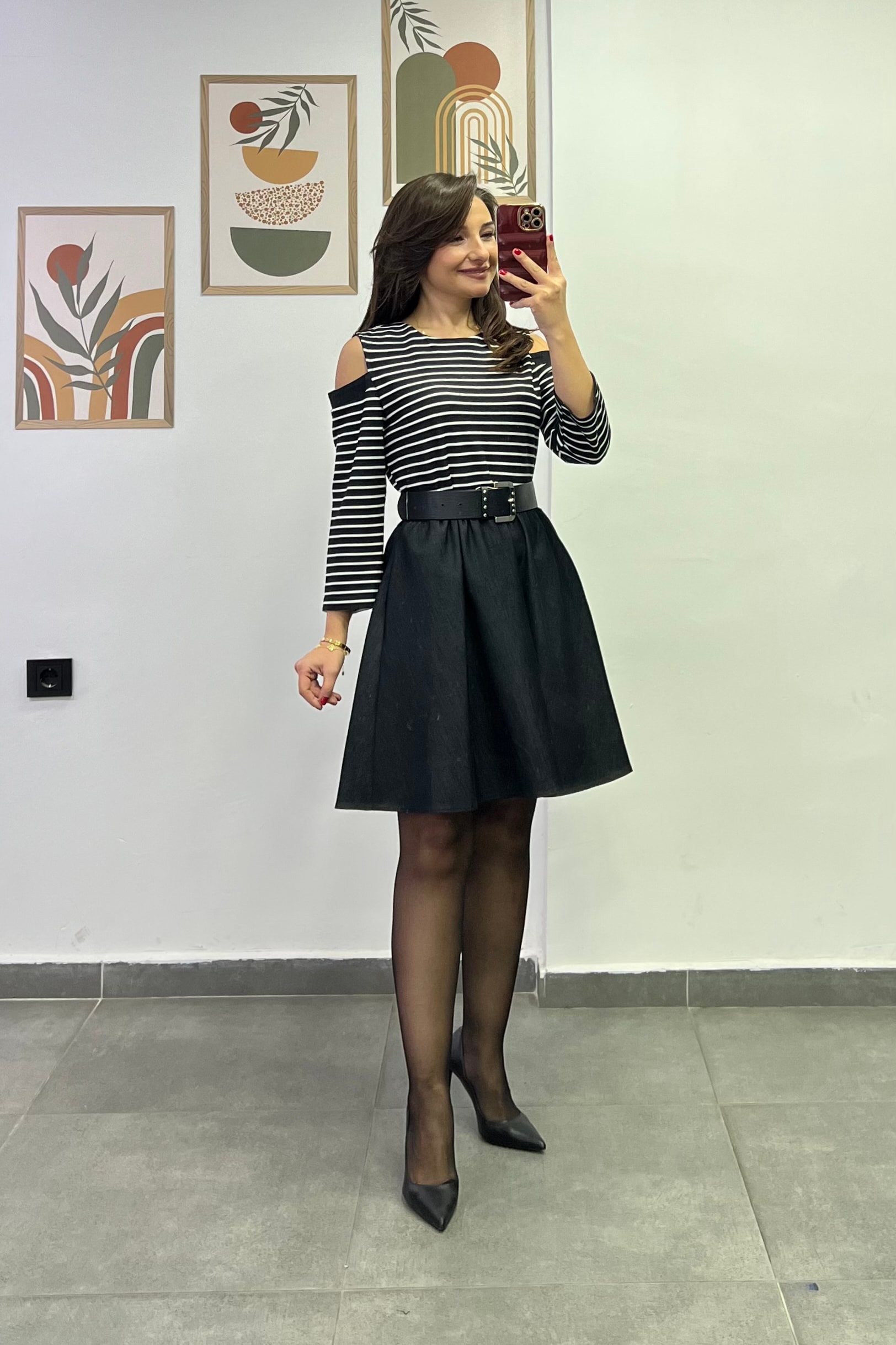 Pencere Omuzlu Üzeri Çizgili Triko Eteği Likralı Kot Kumaş Kloş Elbise 