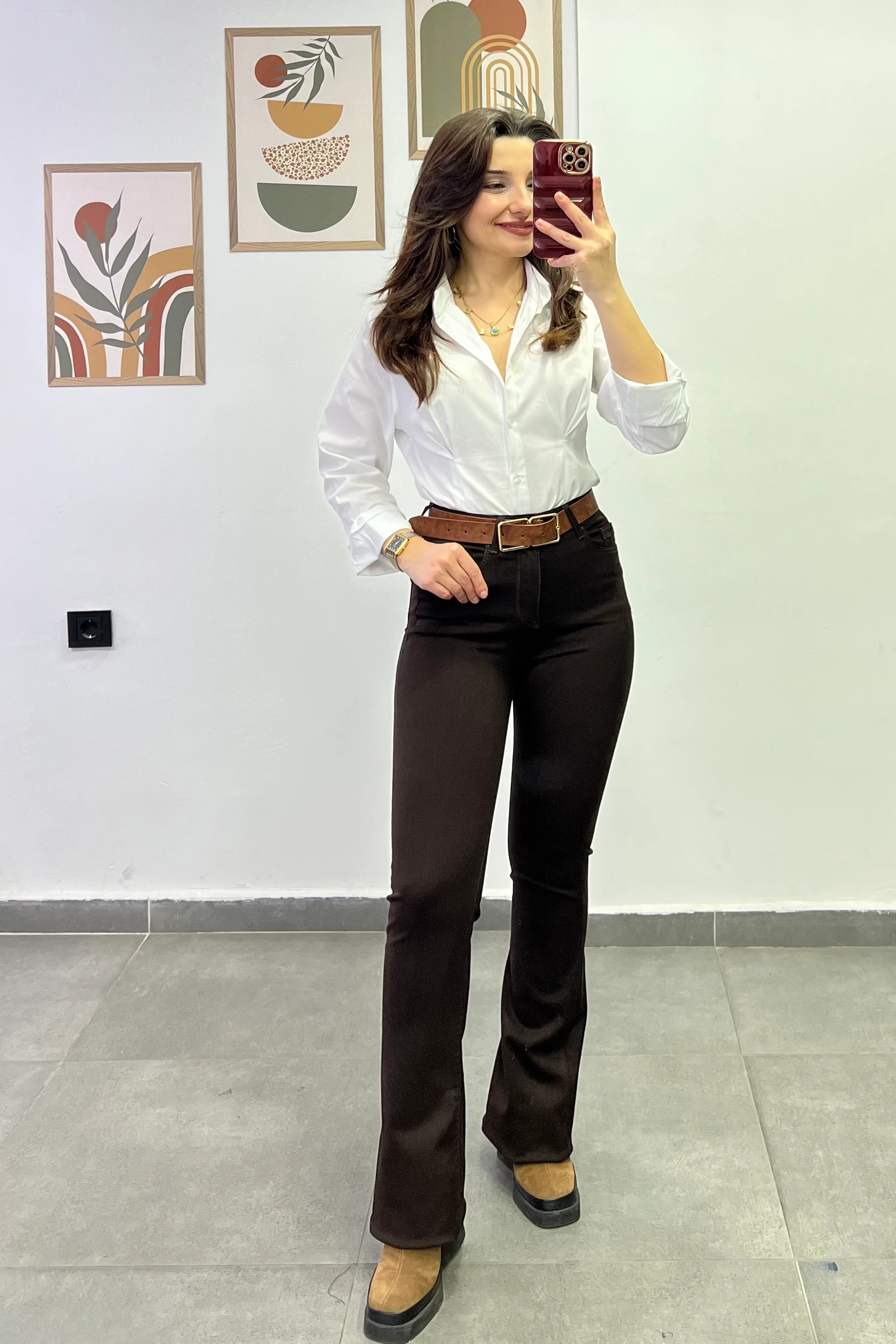 Yüksek Bel İspanyol Paça Kahverengi Pantolon - KAHVERENGİ