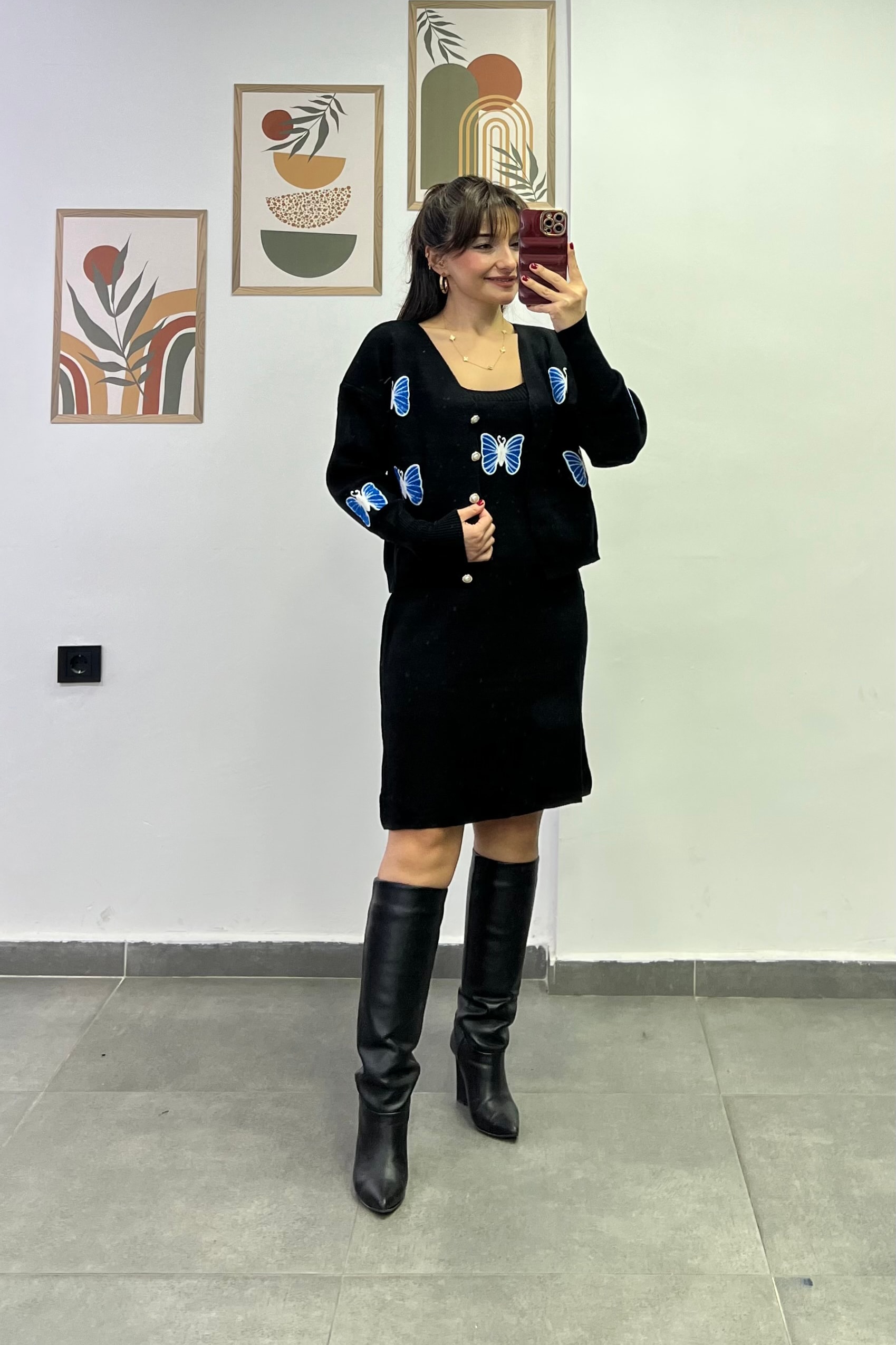 İç Elbisesi İp Askılı Üzeri Kelebek Nakışlı Hırka Detaylı Triko Takım