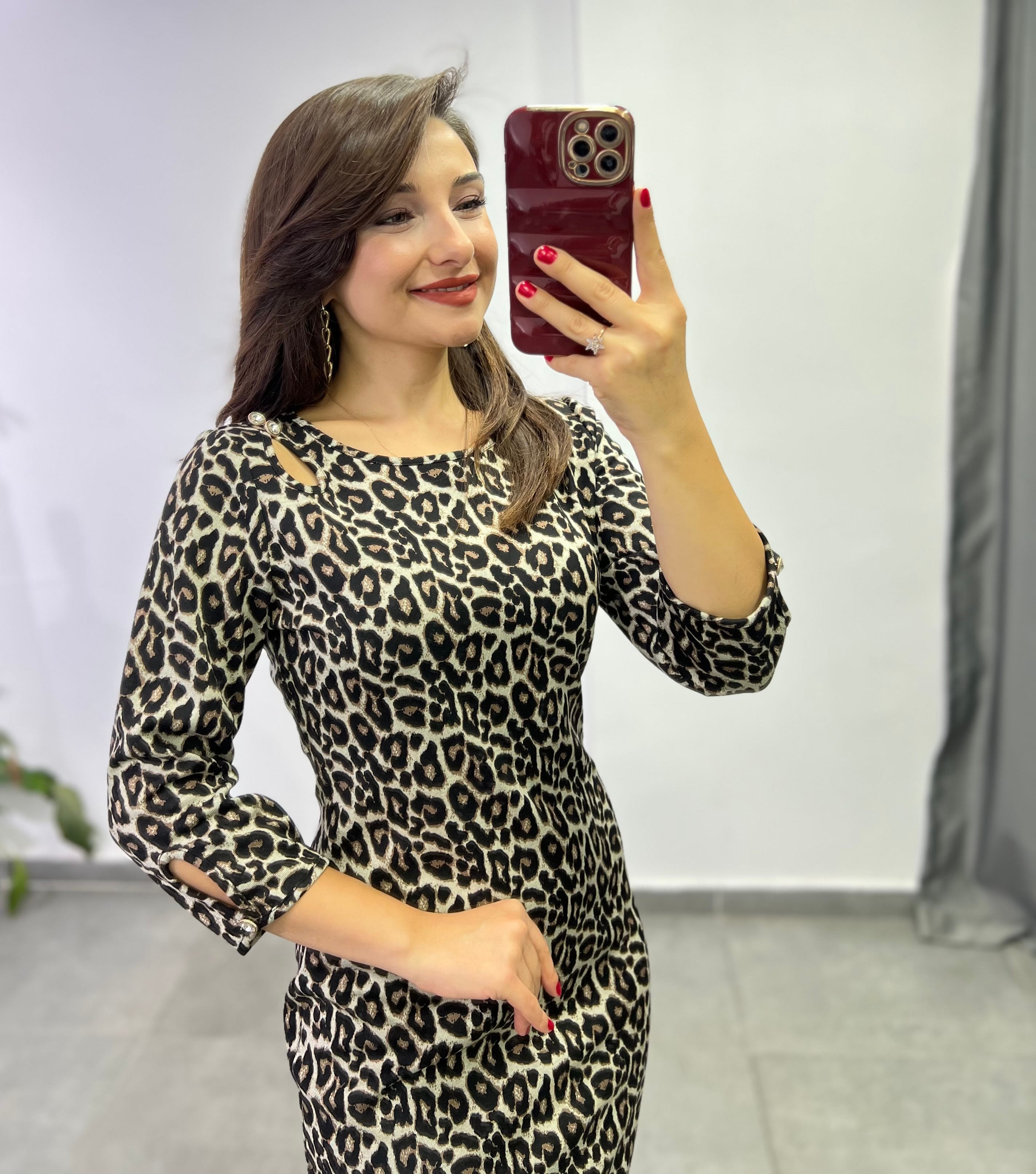 Leopar Desenli Taş Düğme Detaylı Tek Omuzu Pencereli Elbise - KAHVERENGİ