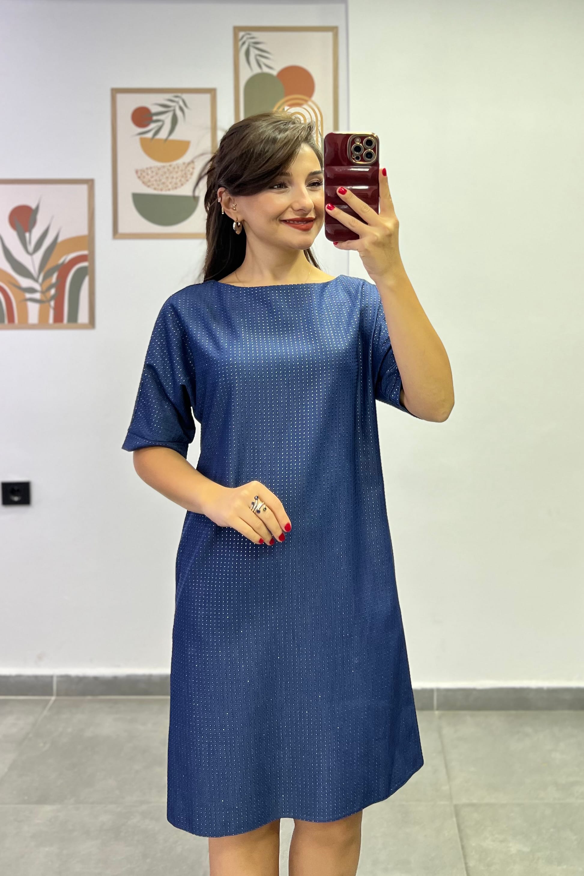 Raglan Kol Boncuk Detaylı Sırtı Bağlamalı Elbise - LACIVERT