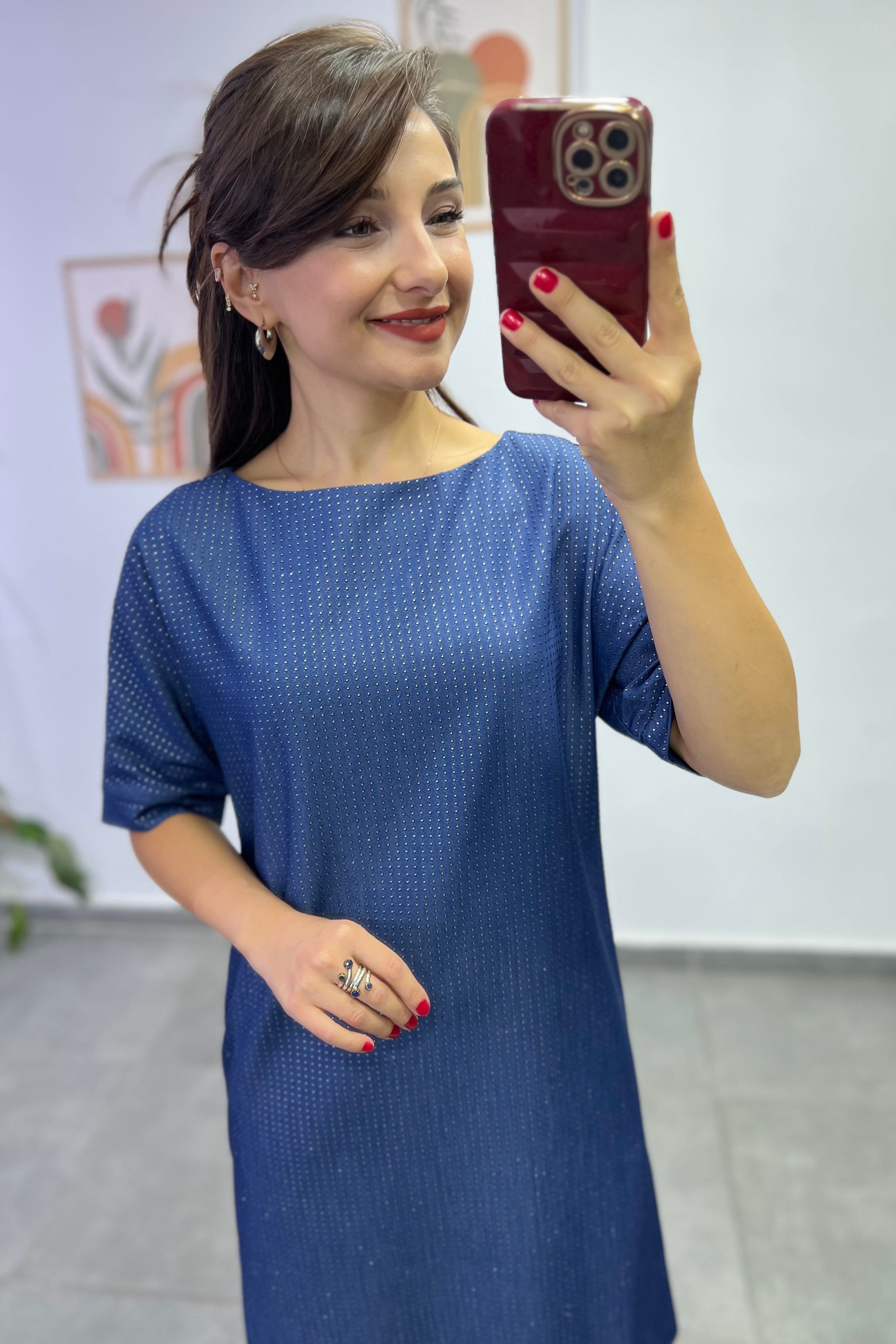 Raglan Kol Boncuk Detaylı Sırtı Bağlamalı Elbise - LACIVERT