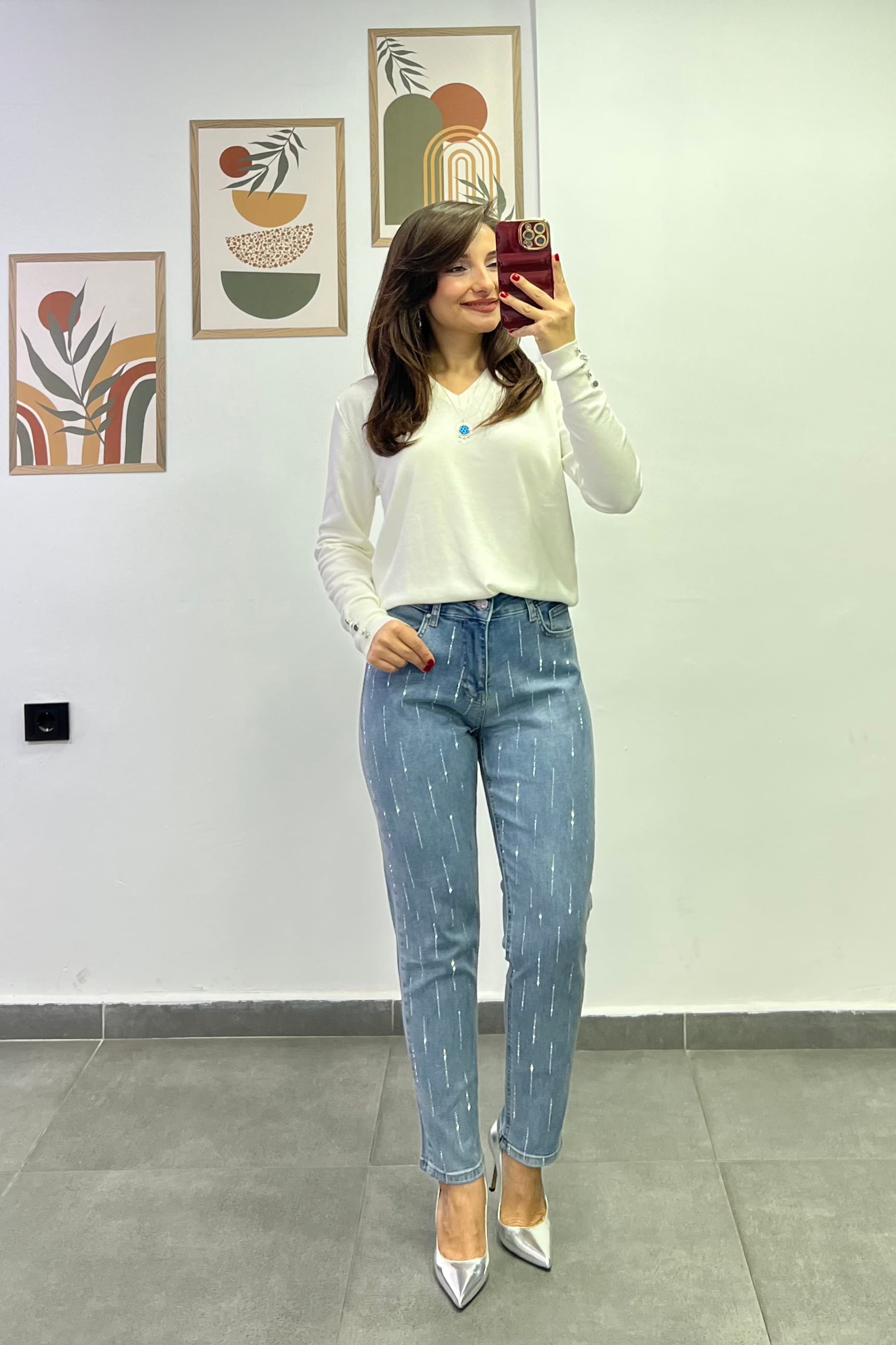 Fırça Çizgi Detaylı Mom Jean - MAVI