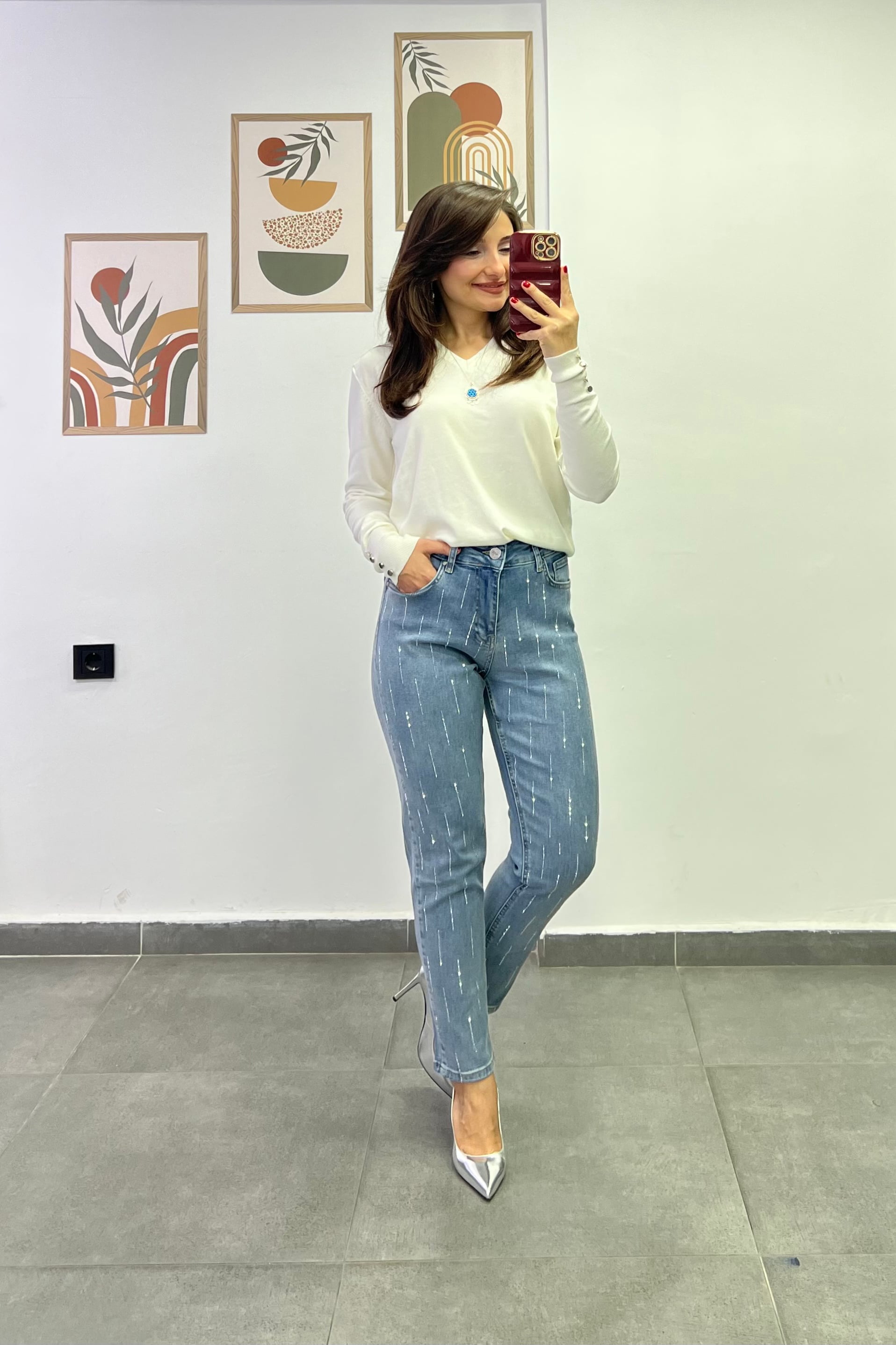 Fırça Çizgi Detaylı Mom Jean