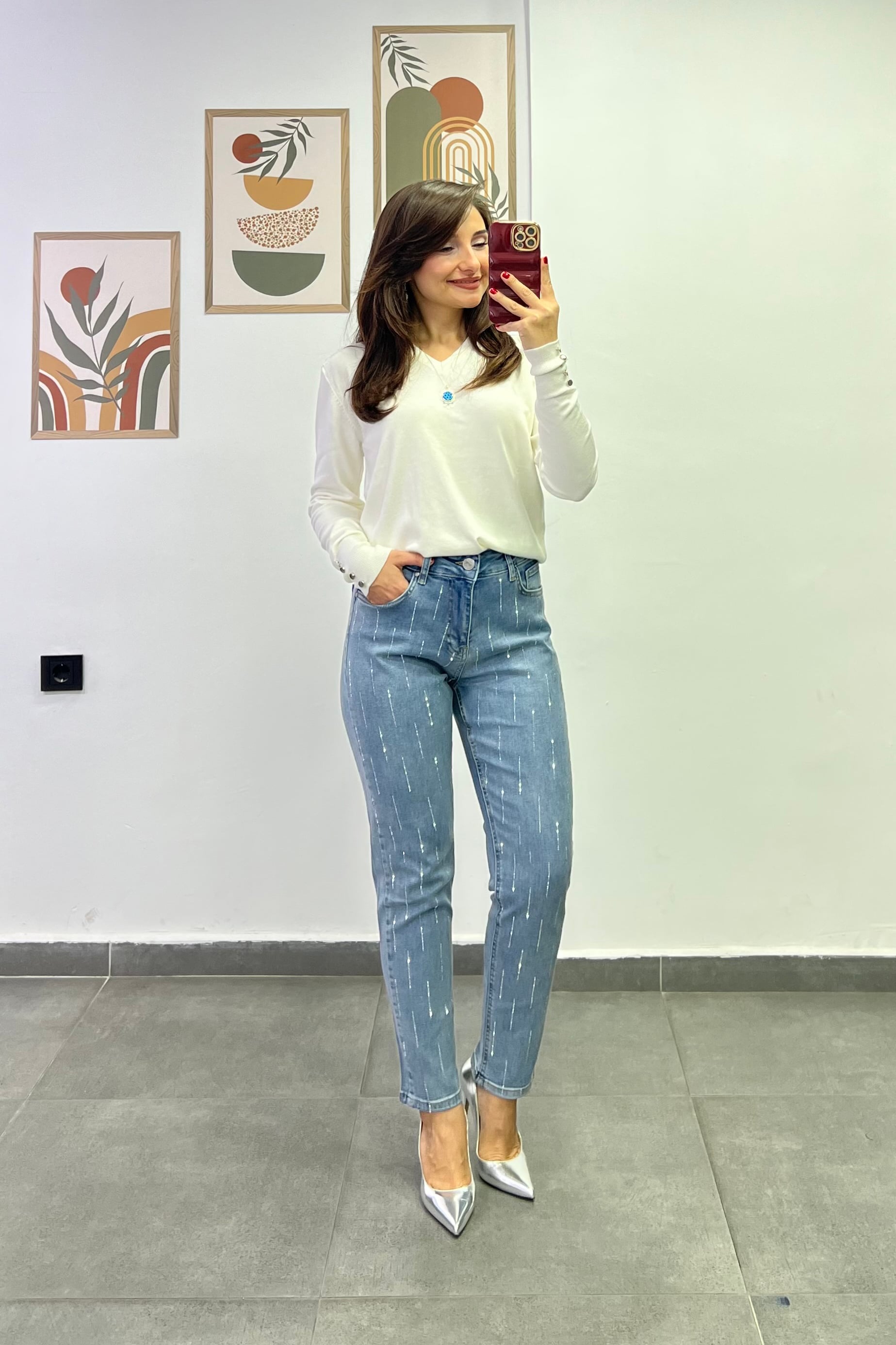 Fırça Çizgi Detaylı Mom Jean