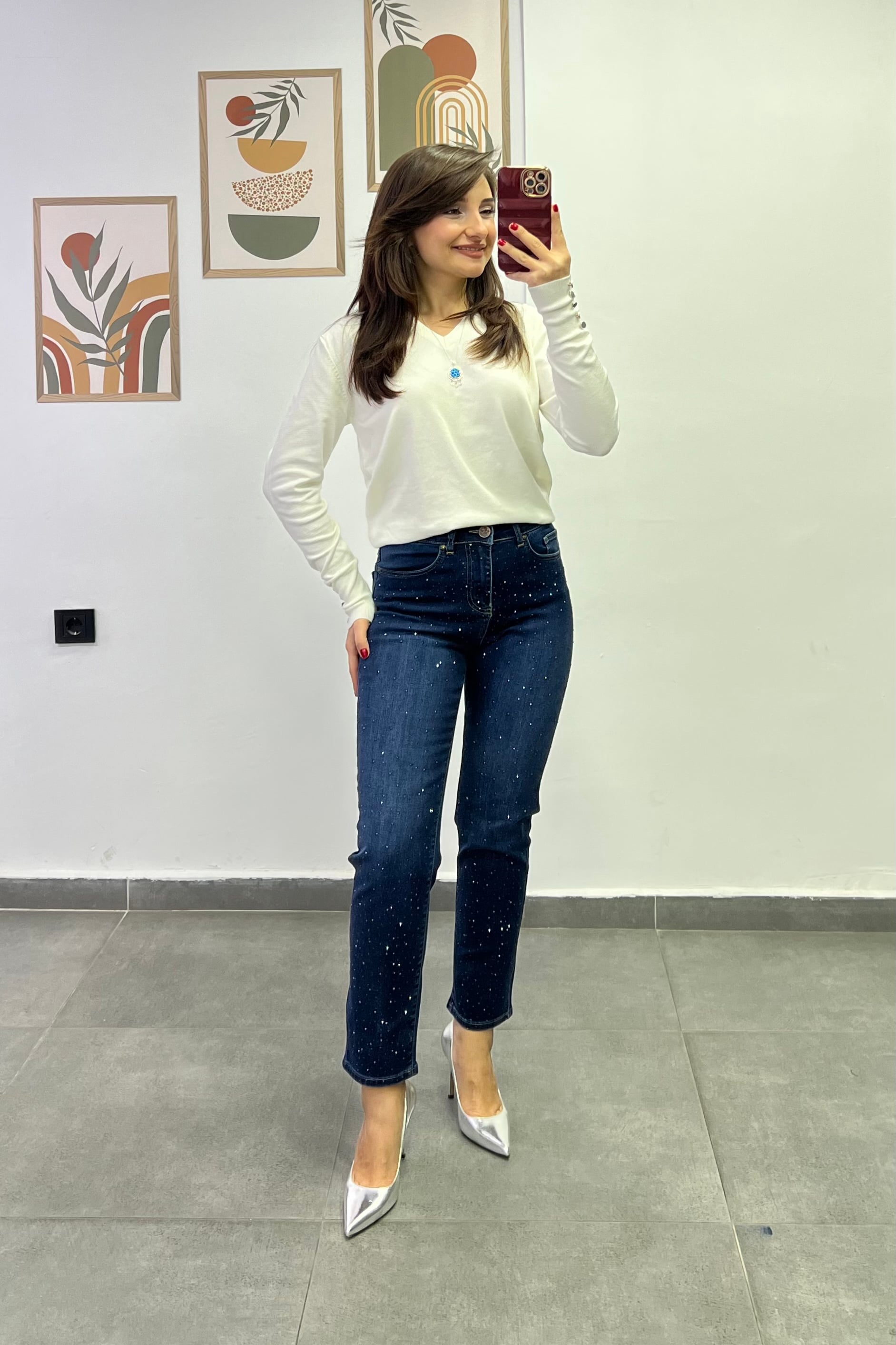 Serpme Taş Detaylı Orta Mavi Mom Jean - ORTA MAVİ