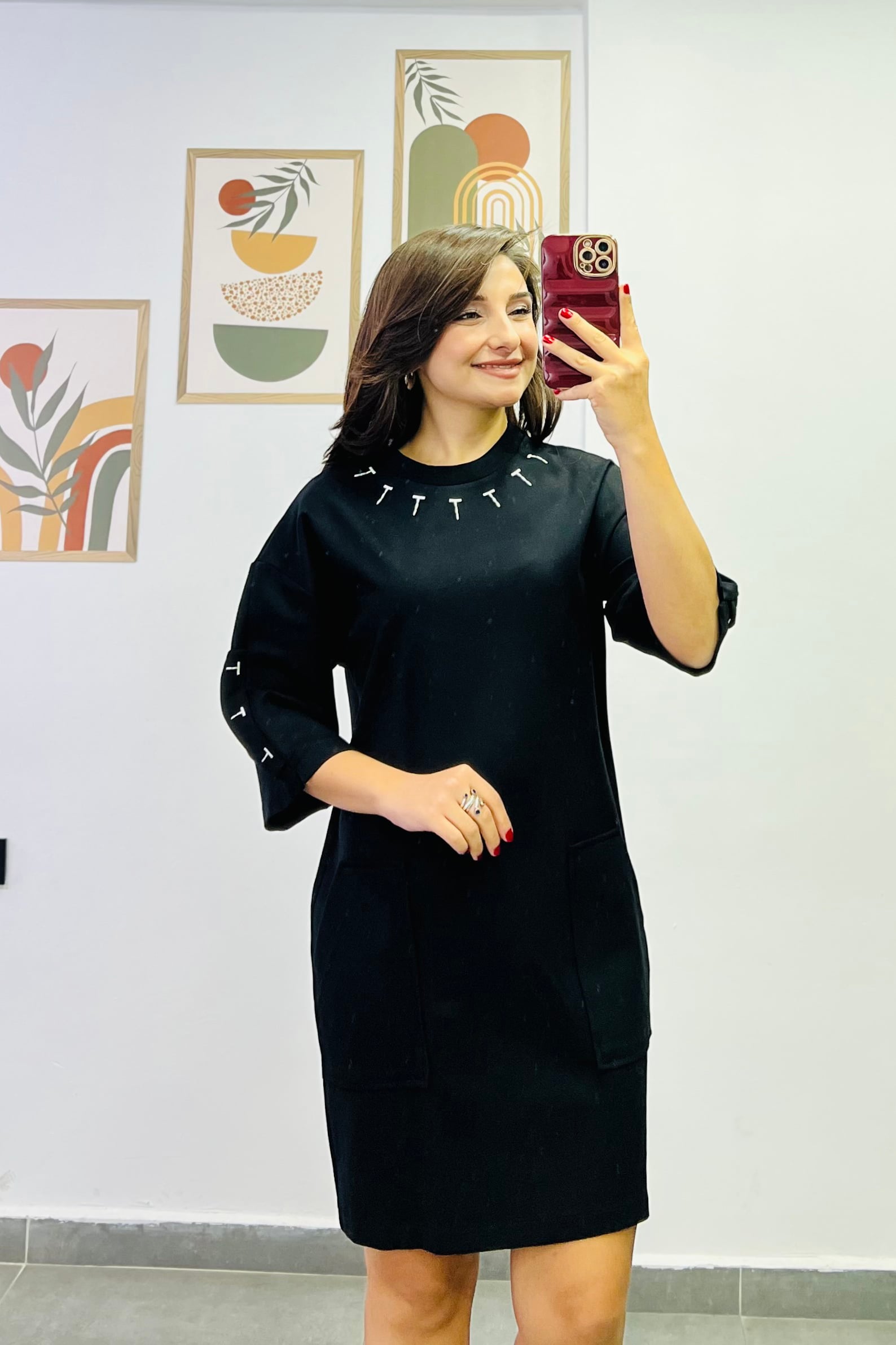 Kolları Ve Yakası Nakışlı Kese Cepli Kuşak Detaylı Elbise