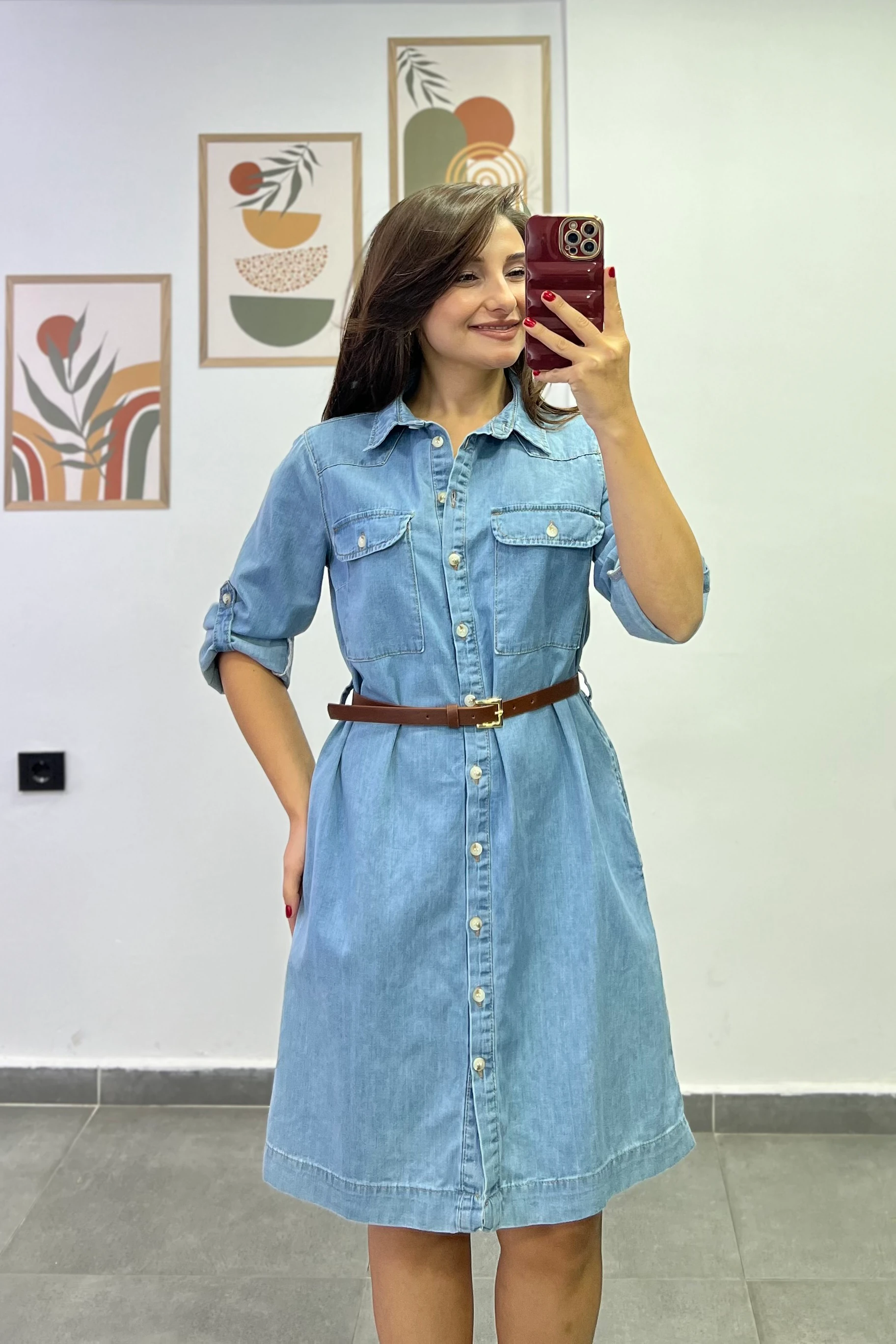 Boydan Tam Düğmeli Cep Ve Kemer Detaylı Asansör Kollu Kot Elbise