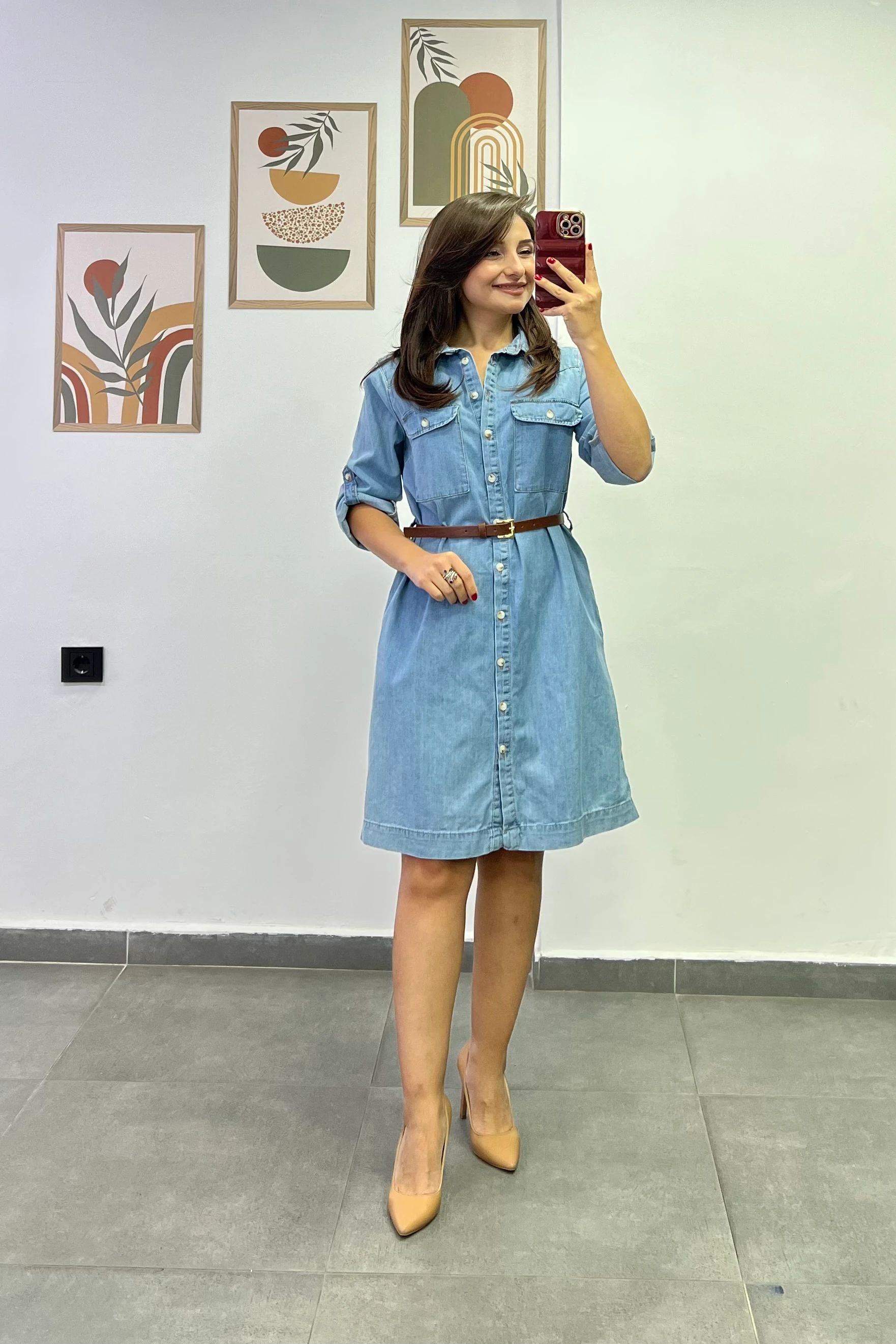 Boydan Tam Düğmeli Cep Ve Kemer Detaylı Asansör Kollu Kot Elbise