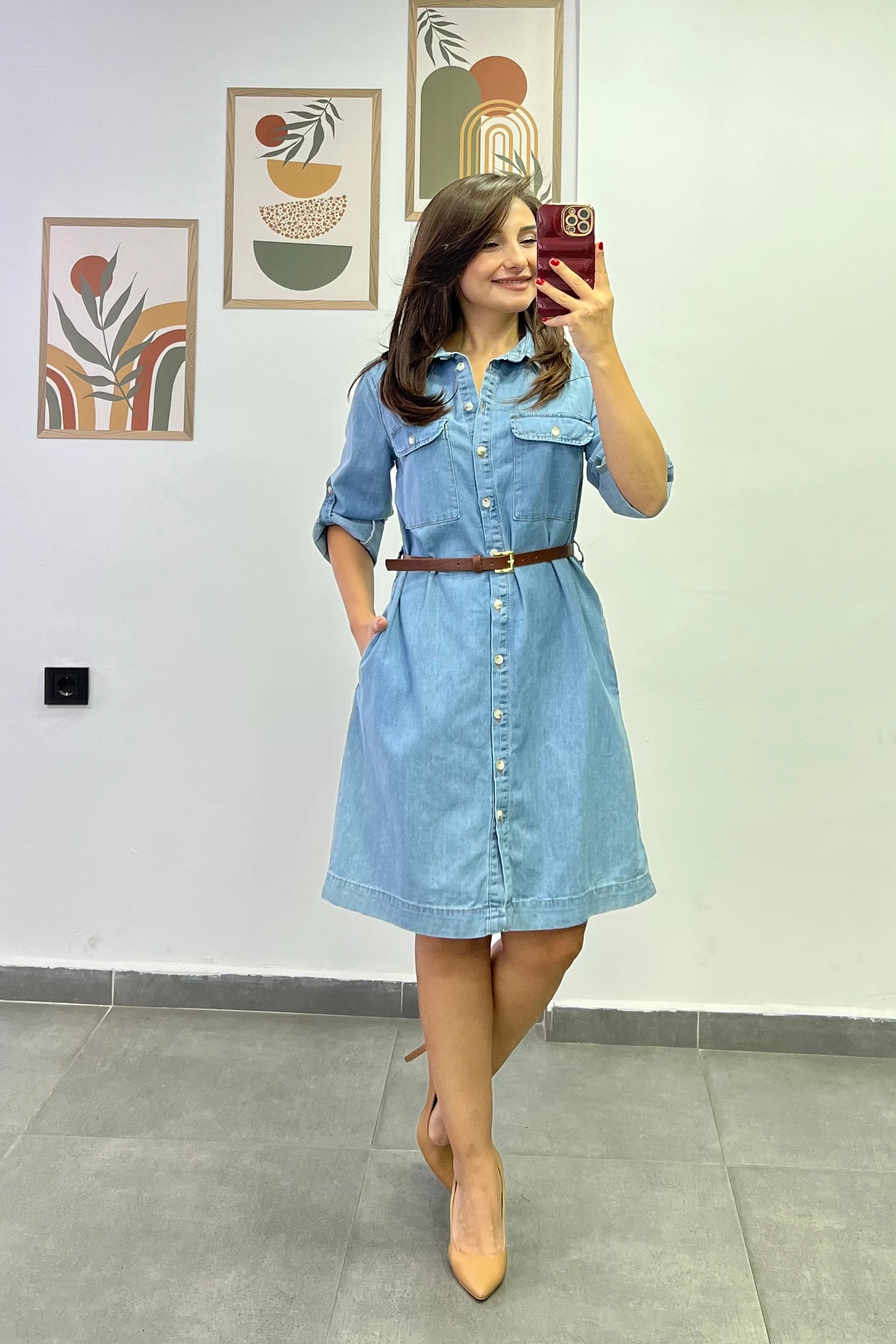 Boydan Tam Düğmeli Cep Ve Kemer Detaylı Asansör Kollu Kot Elbise