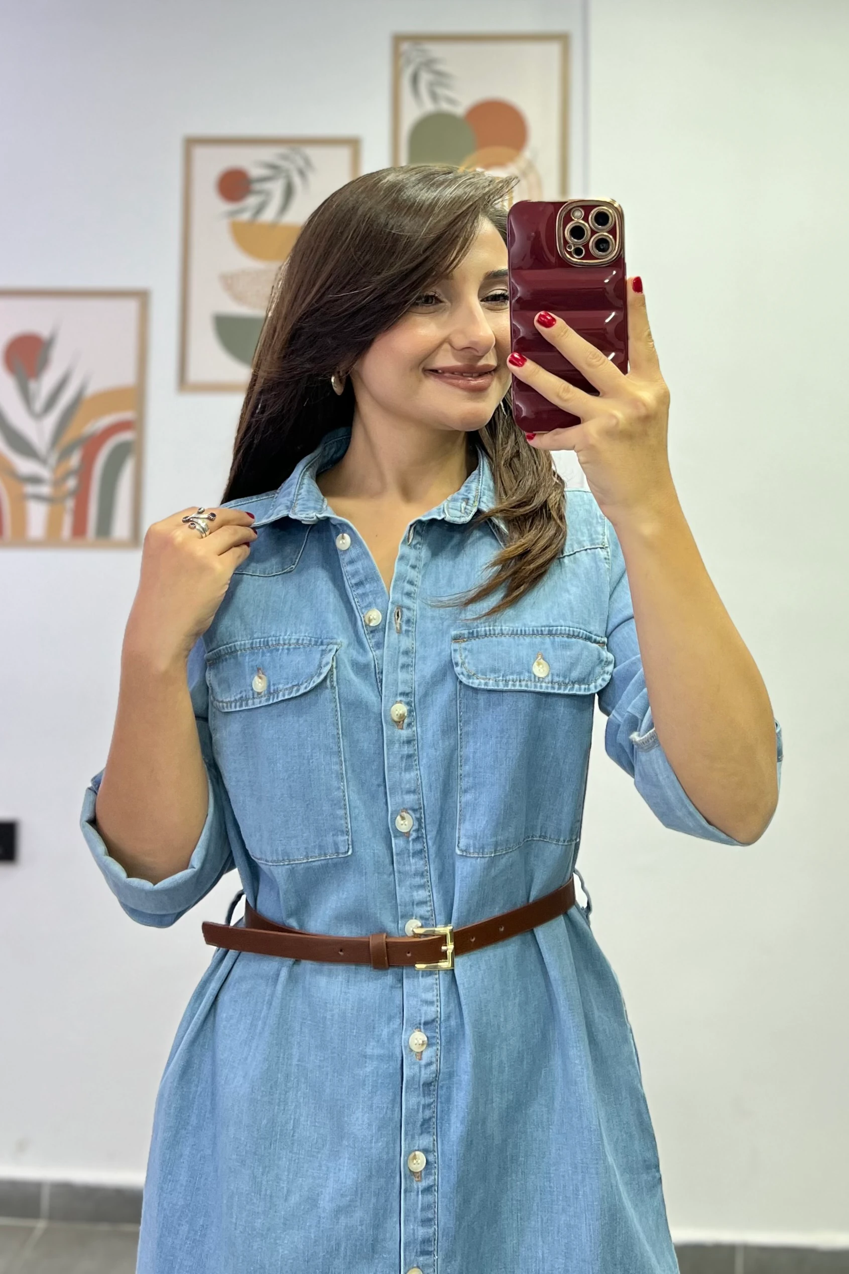 Boydan Tam Düğmeli Cep Ve Kemer Detaylı Asansör Kollu Kot Elbise