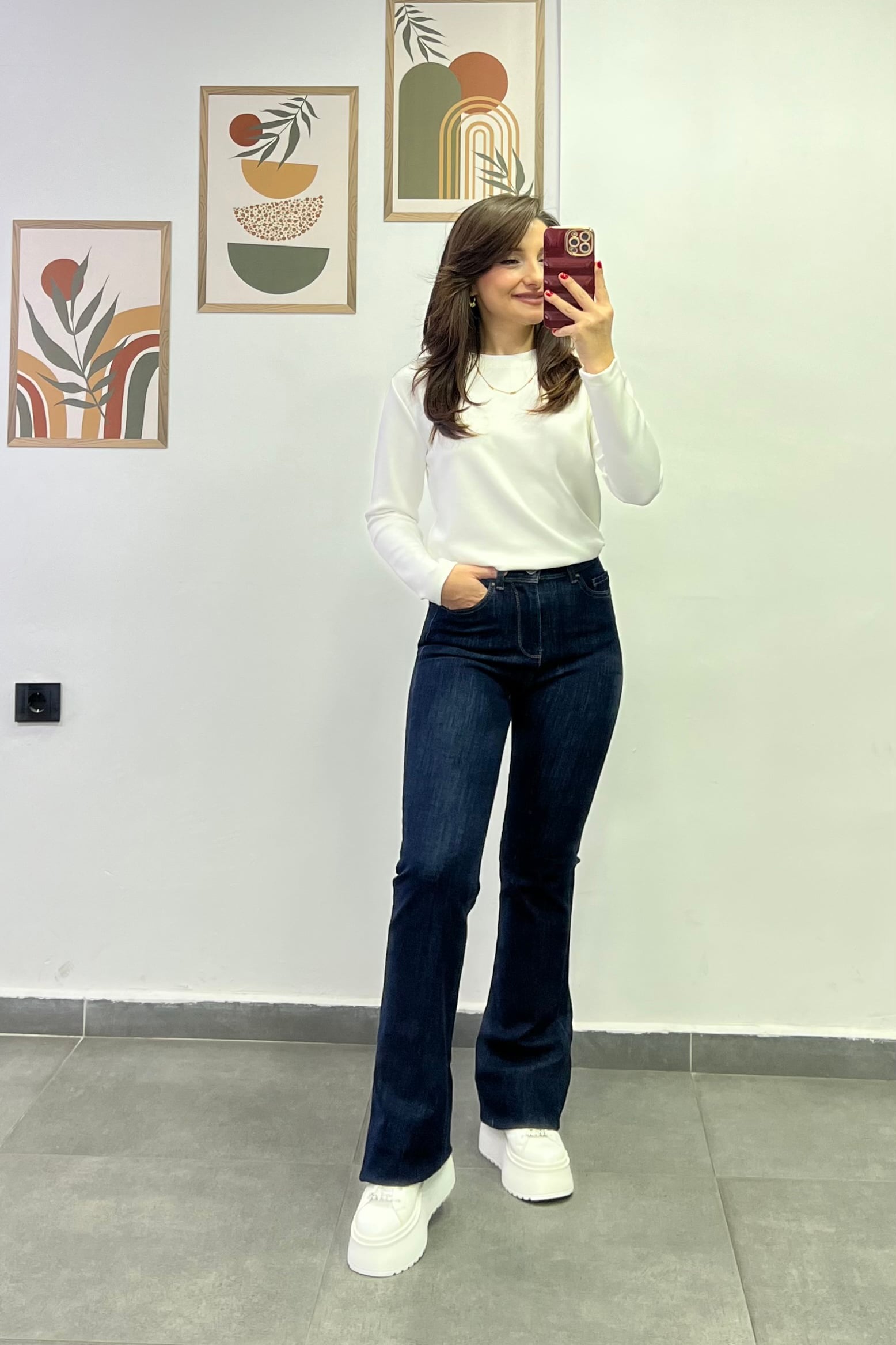Yüksek Bel Rins Yıkama En Boy İspanyol Paça Jean