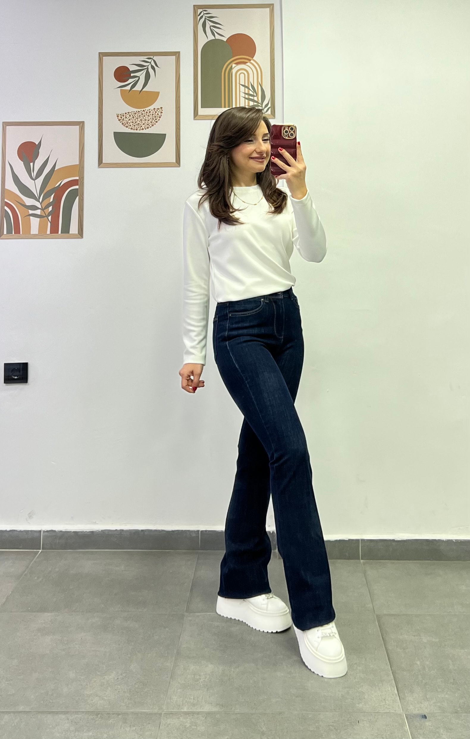 Yüksek Bel Rins Yıkama En Boy İspanyol Paça Jean