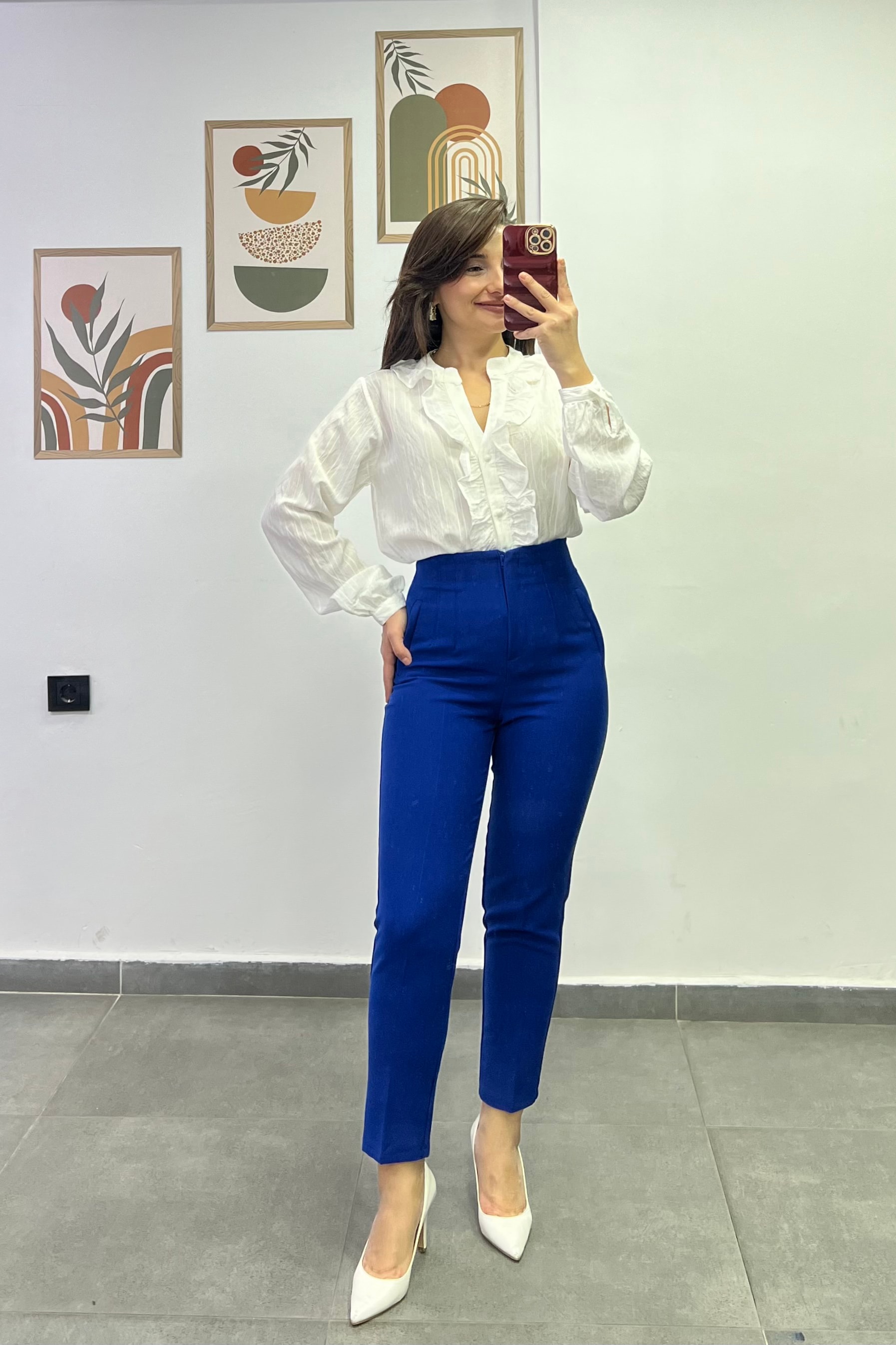 Yüksek Bel Flato Dikişli Cep Görünümlü Kumaş Pantolon - SAKS MAVİSİ