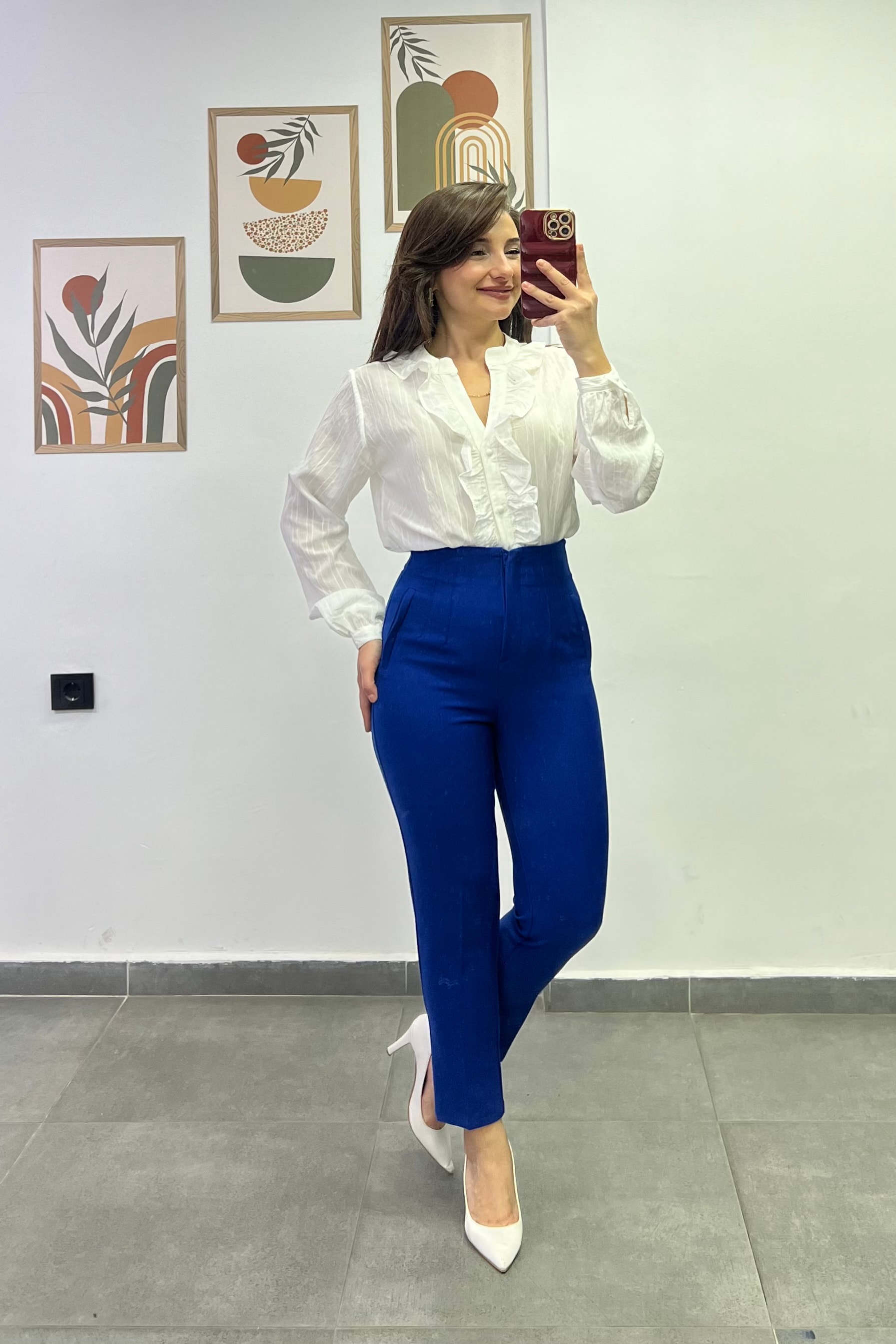 Yüksek Bel Flato Dikişli Cep Görünümlü Kumaş Pantolon - SAKS MAVİSİ