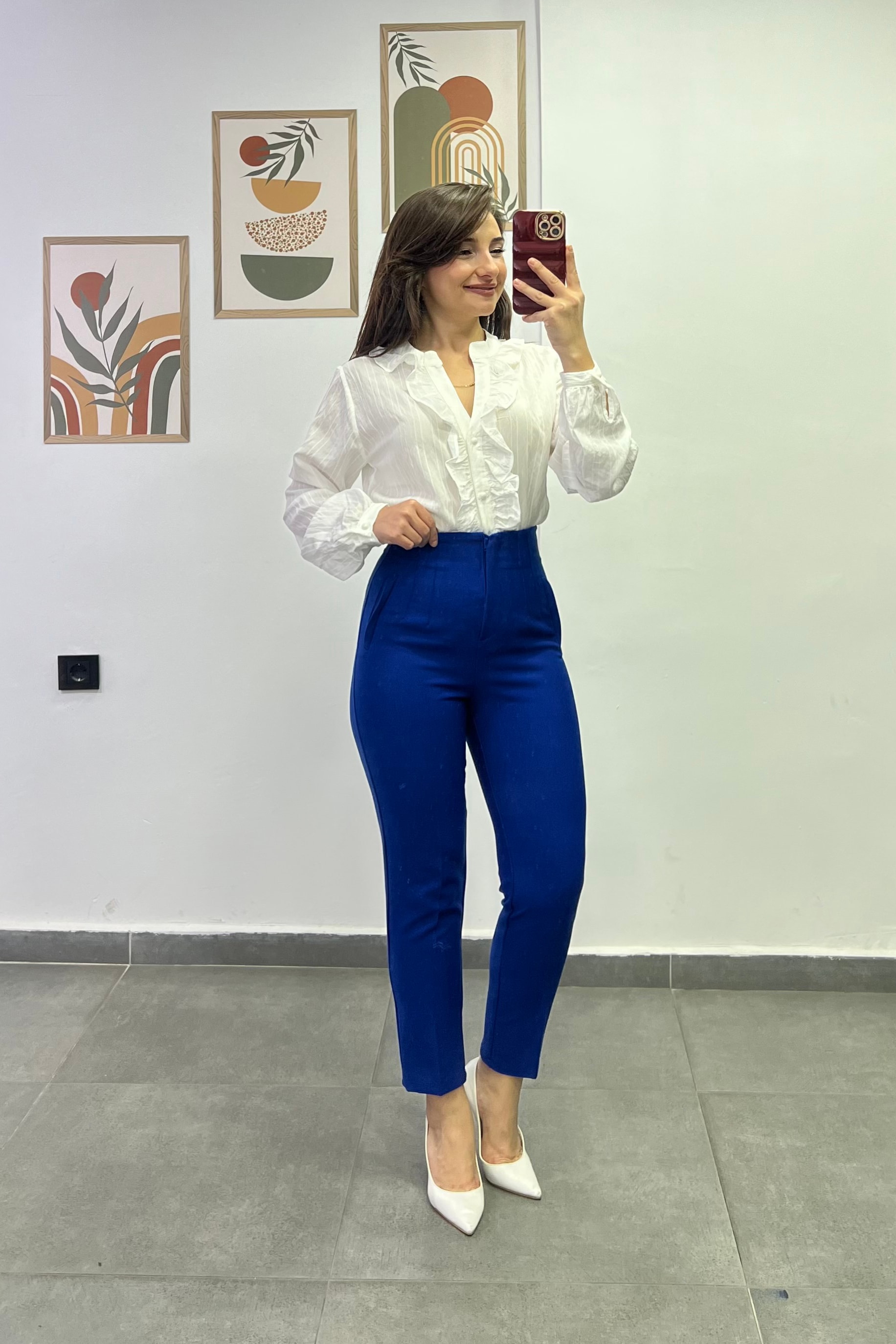 Yüksek Bel Flato Dikişli Cep Görünümlü Kumaş Pantolon - SAKS MAVİSİ