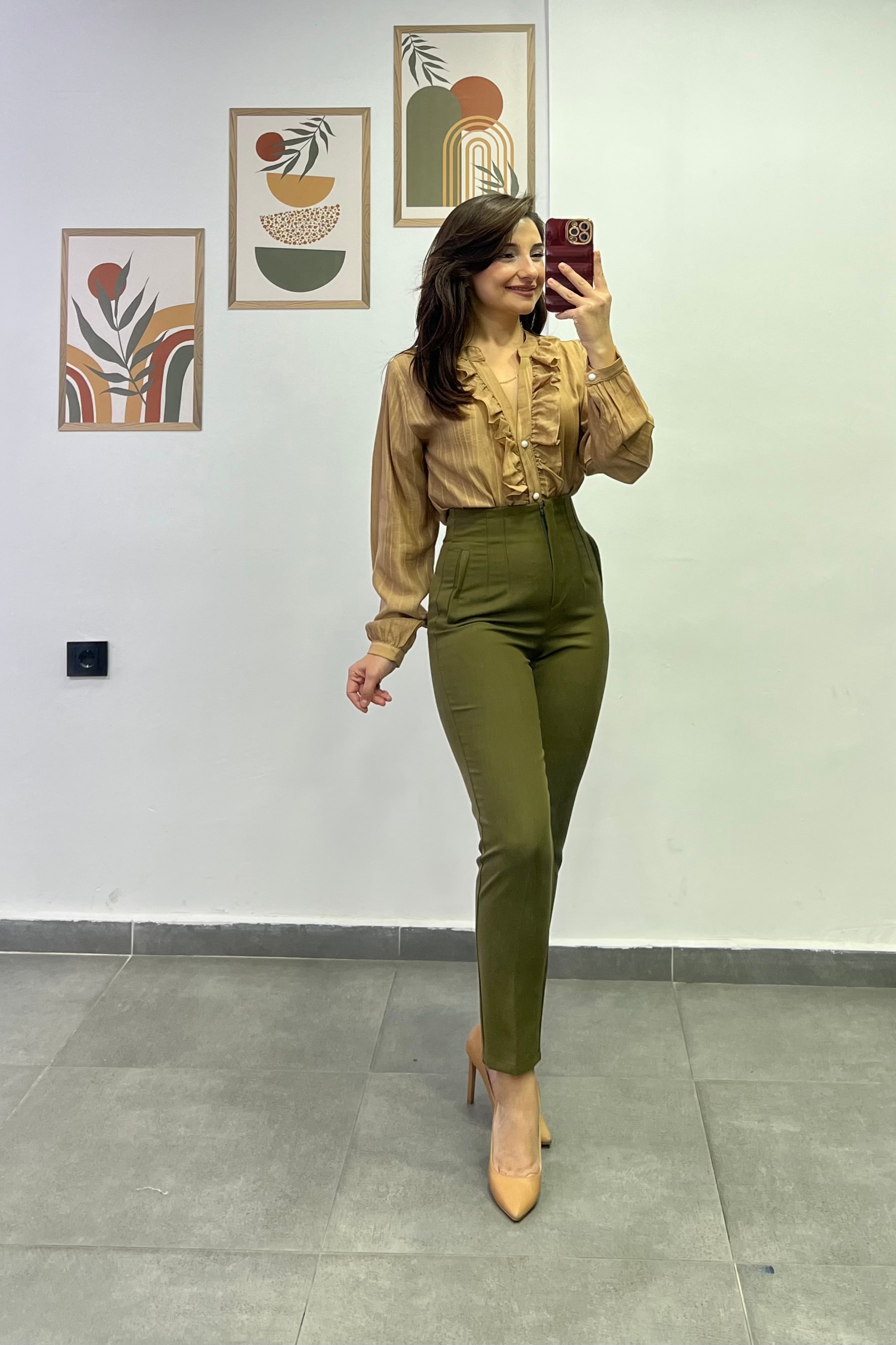 Yüksek Bel Flato Dikişli Cep Görünümlü Kumaş Pantolon - Haki