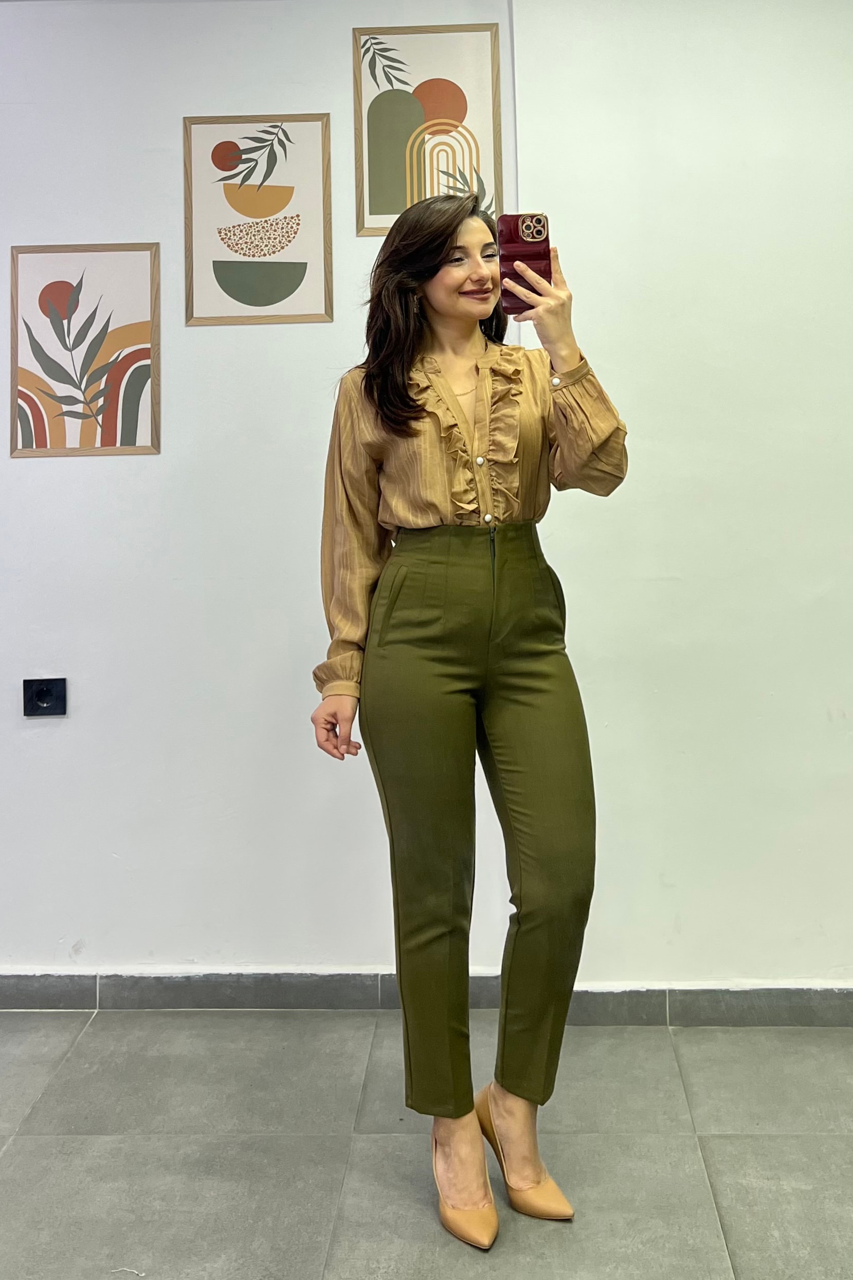 Yüksek Bel Flato Dikişli Cep Görünümlü Kumaş Pantolon - Haki