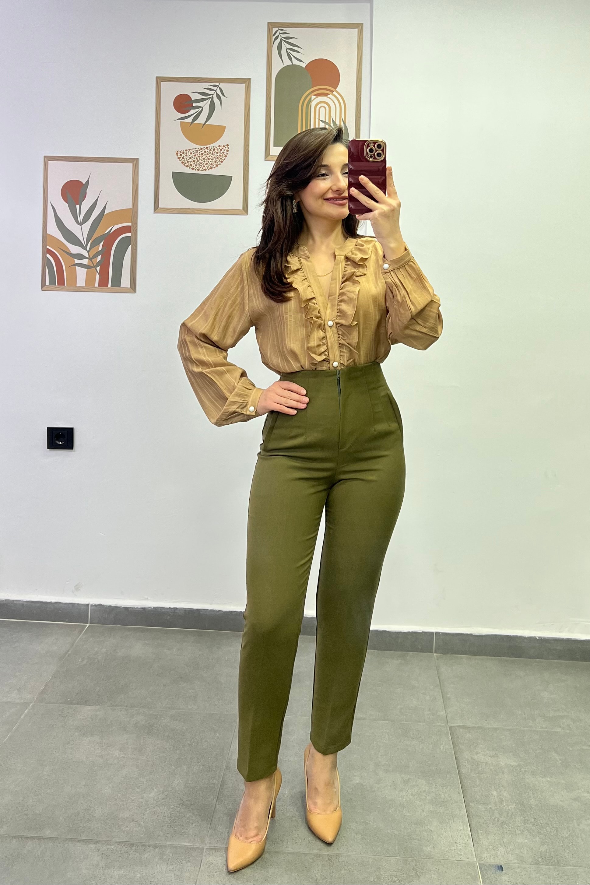 Yüksek Bel Flato Dikişli Cep Görünümlü Kumaş Pantolon - Haki