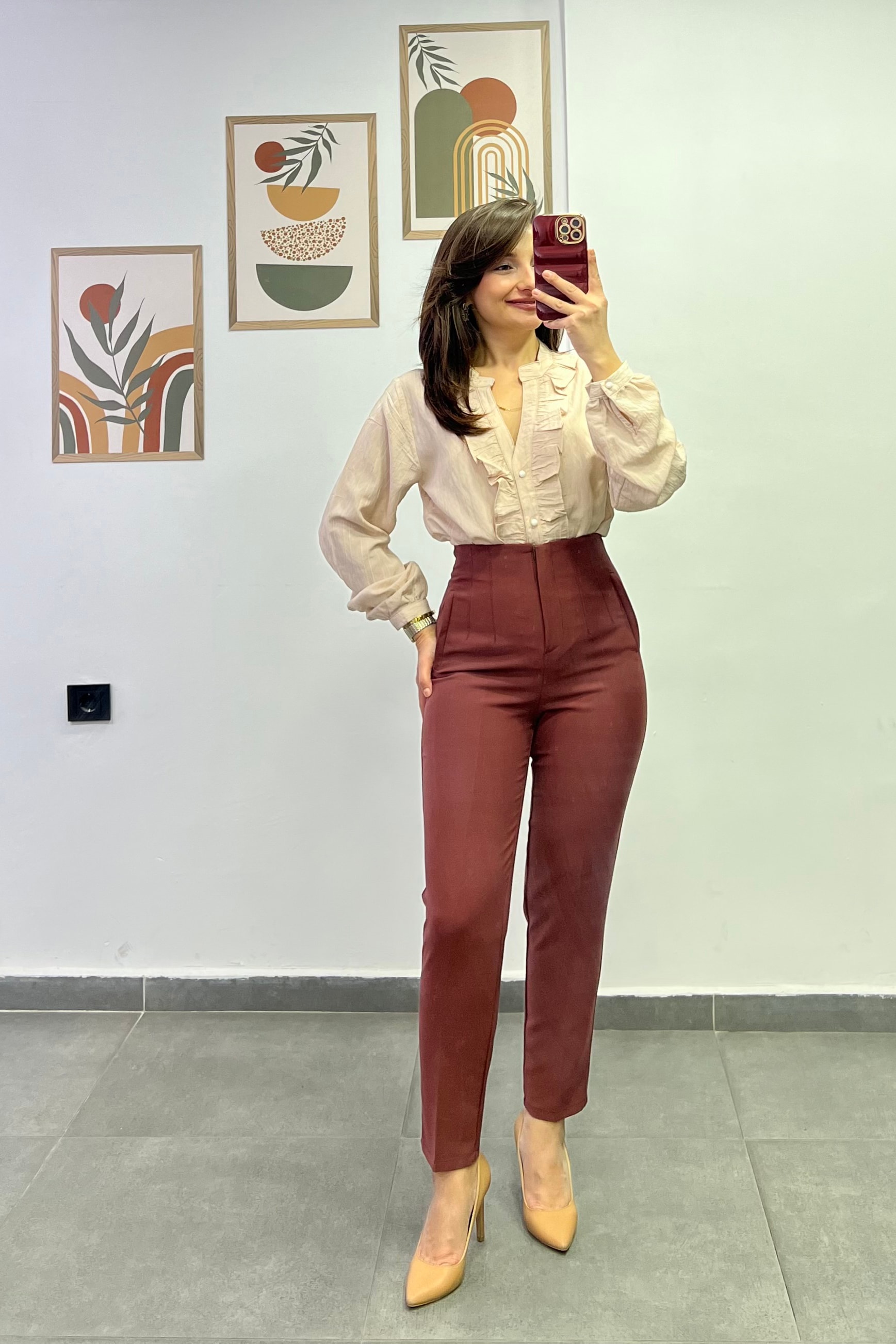 Yüksek Bel Flato Dikişli Cep Görünümlü Kumaş Pantolon - KIREMIT