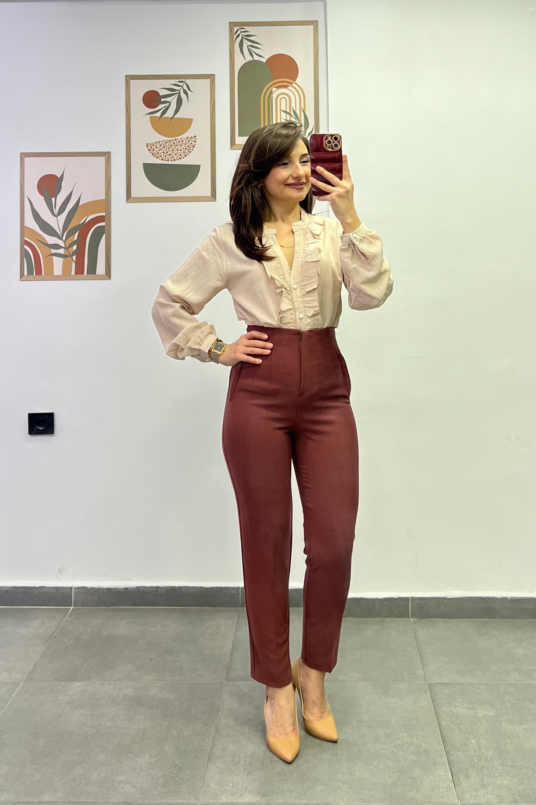 Yüksek Bel Flato Dikişli Cep Görünümlü Kumaş Pantolon - KIREMIT