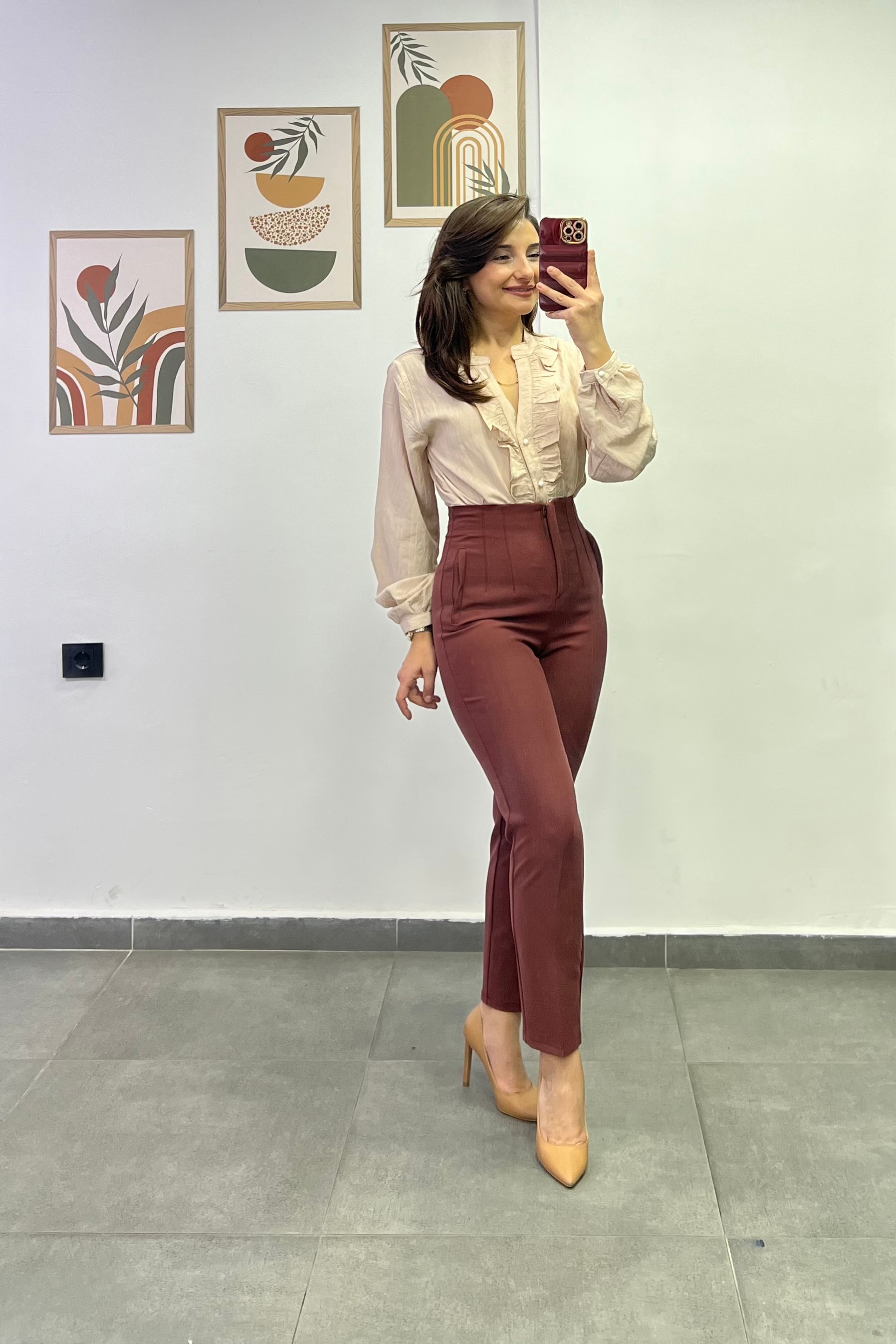 Yüksek Bel Flato Dikişli Cep Görünümlü Kumaş Pantolon - KIREMIT