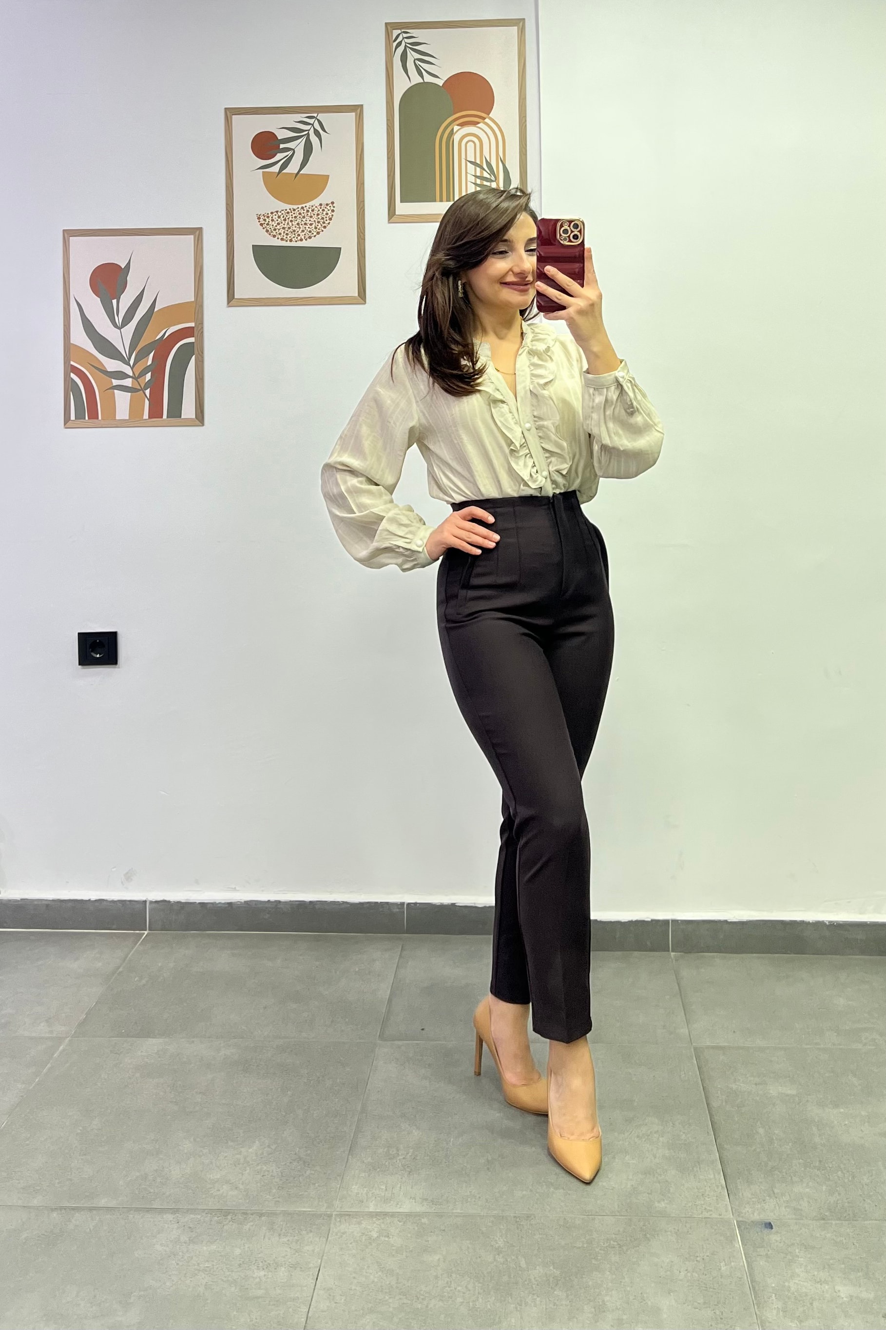 Yüksek Bel Flato Dikişli Cep Görünümlü Kumaş Pantolon - KAHVERENGİ