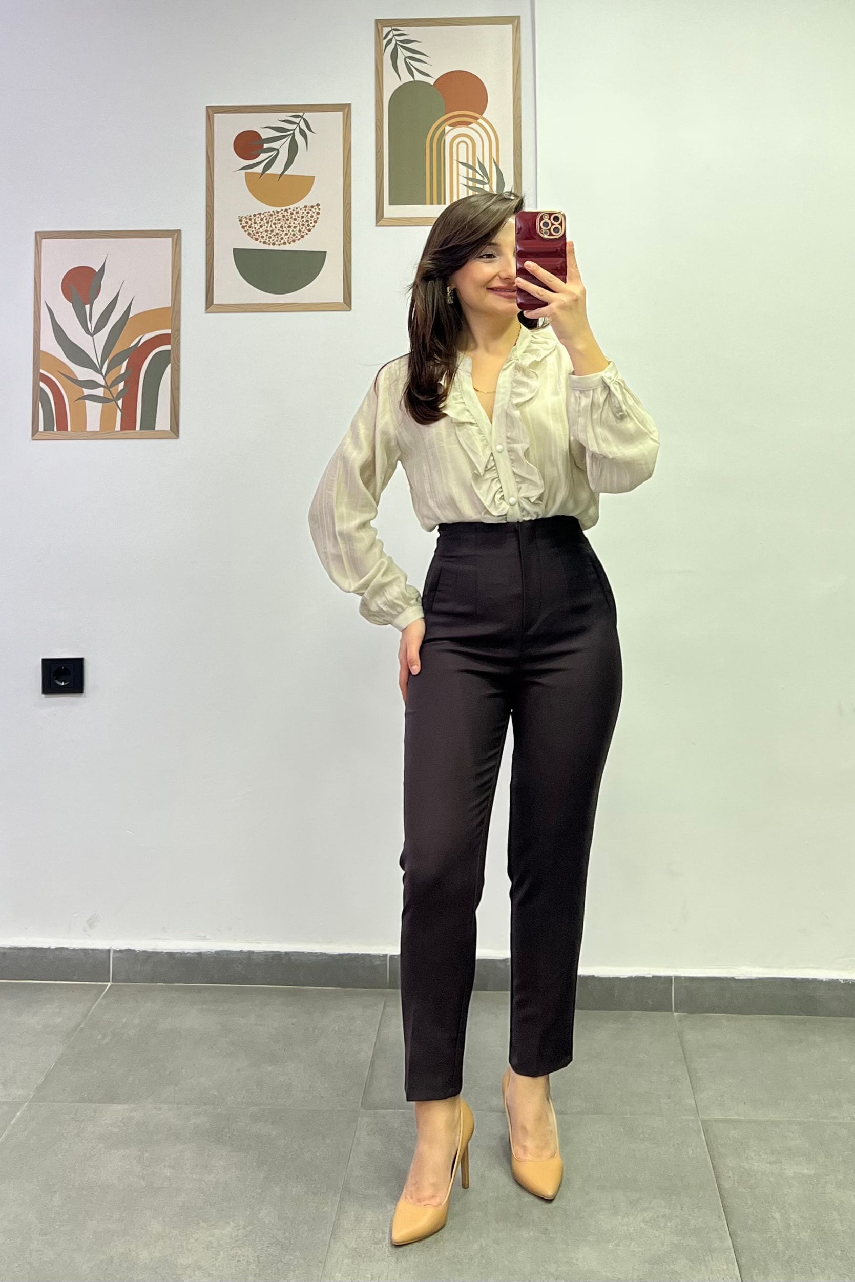 Yüksek Bel Flato Dikişli Cep Görünümlü Kumaş Pantolon - KAHVERENGİ