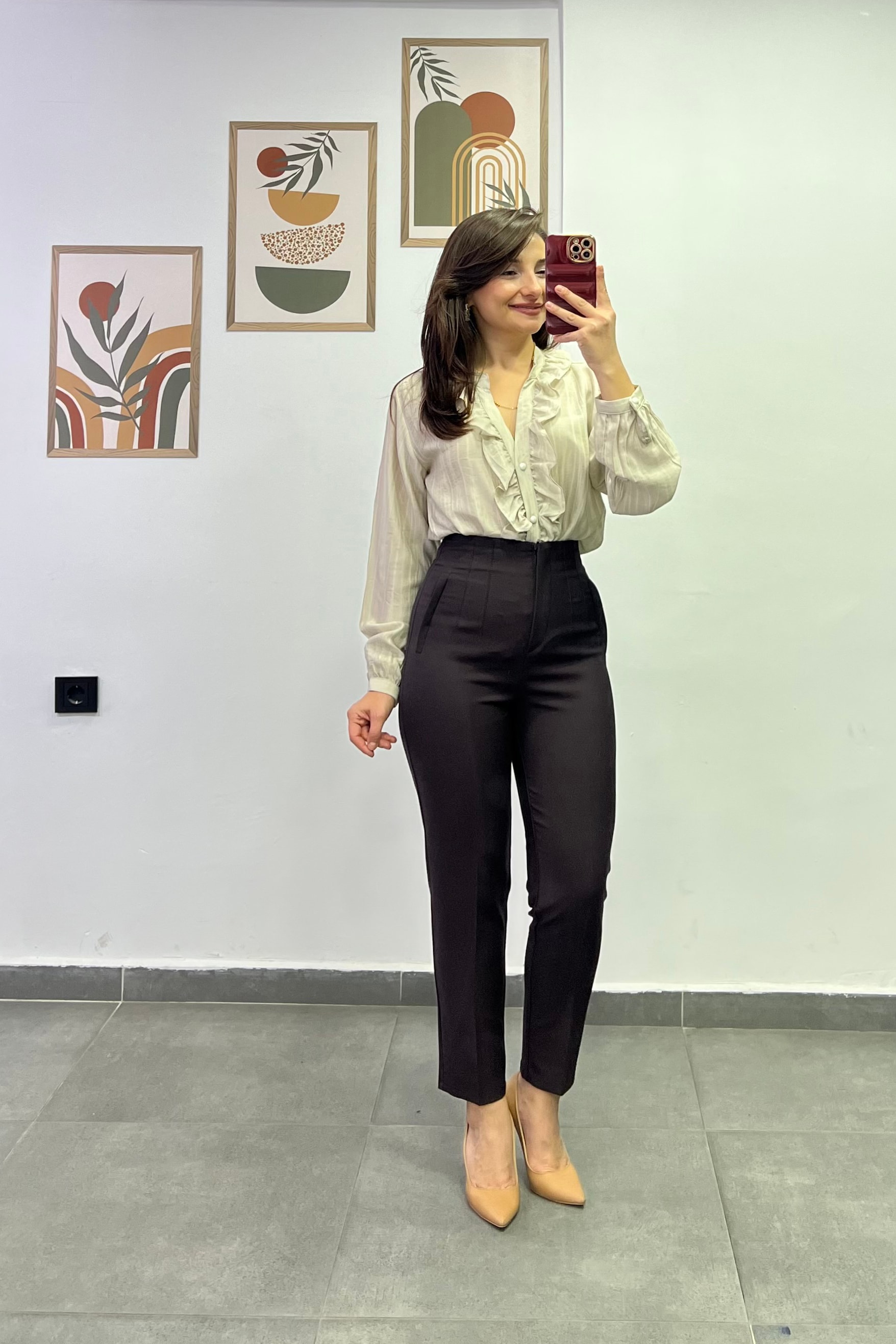 Yüksek Bel Flato Dikişli Cep Görünümlü Kumaş Pantolon - KAHVERENGİ