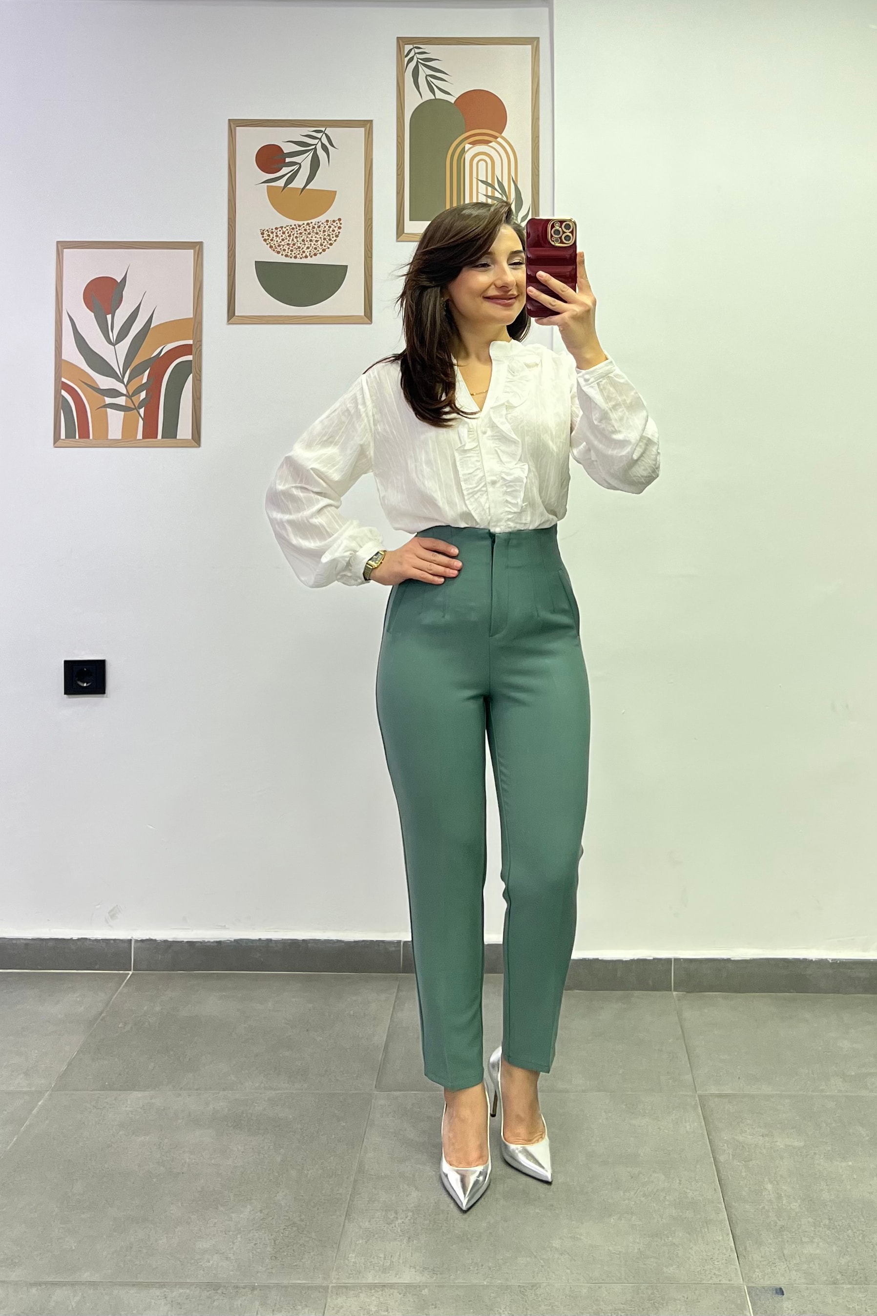 Yüksek Bel Flato Dikişli Cep Görünümlü Kumaş Pantolon - SU YEŞİLİ