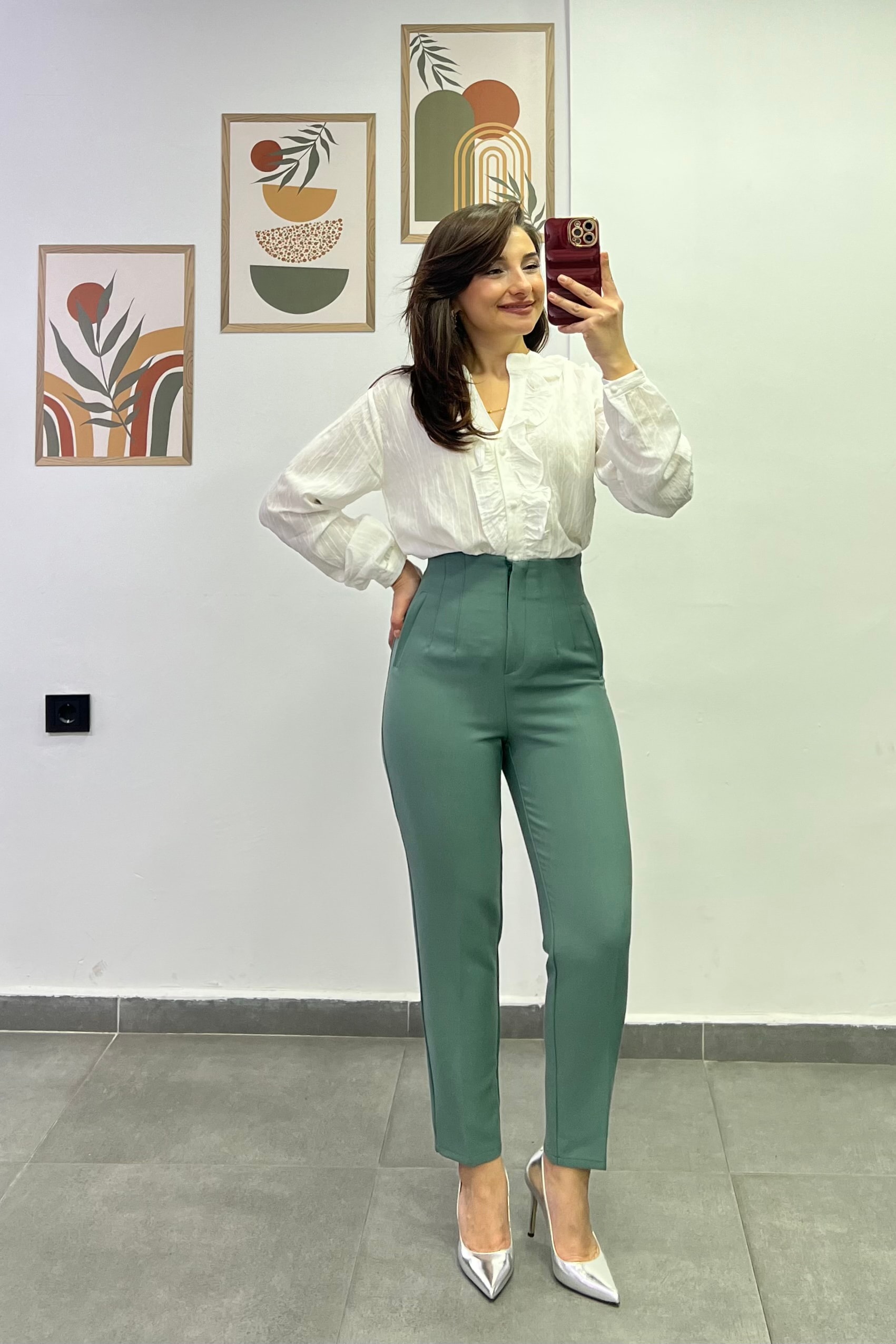 Yüksek Bel Flato Dikişli Cep Görünümlü Kumaş Pantolon - SU YEŞİLİ