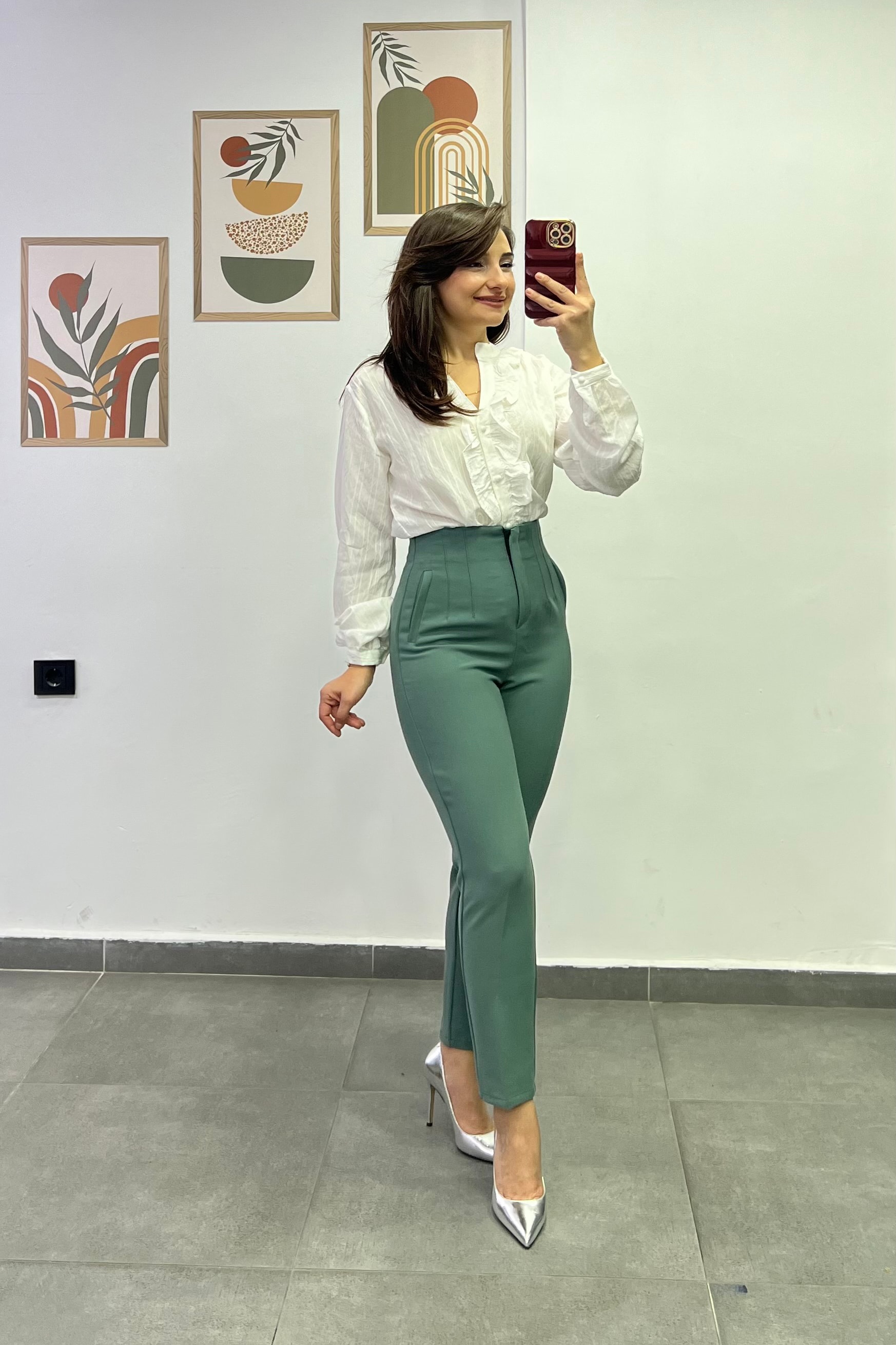 Yüksek Bel Flato Dikişli Cep Görünümlü Kumaş Pantolon - SU YEŞİLİ