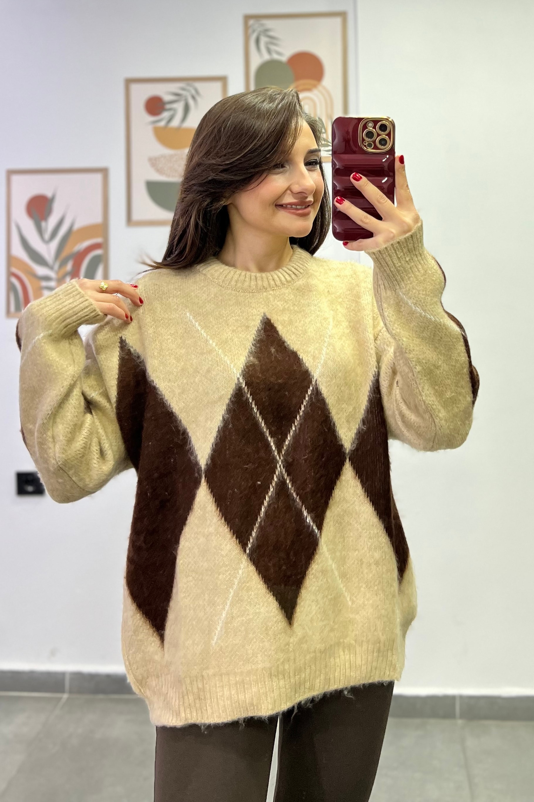 Bisiklet Yaka Oversize Baklava Dilim Kazak