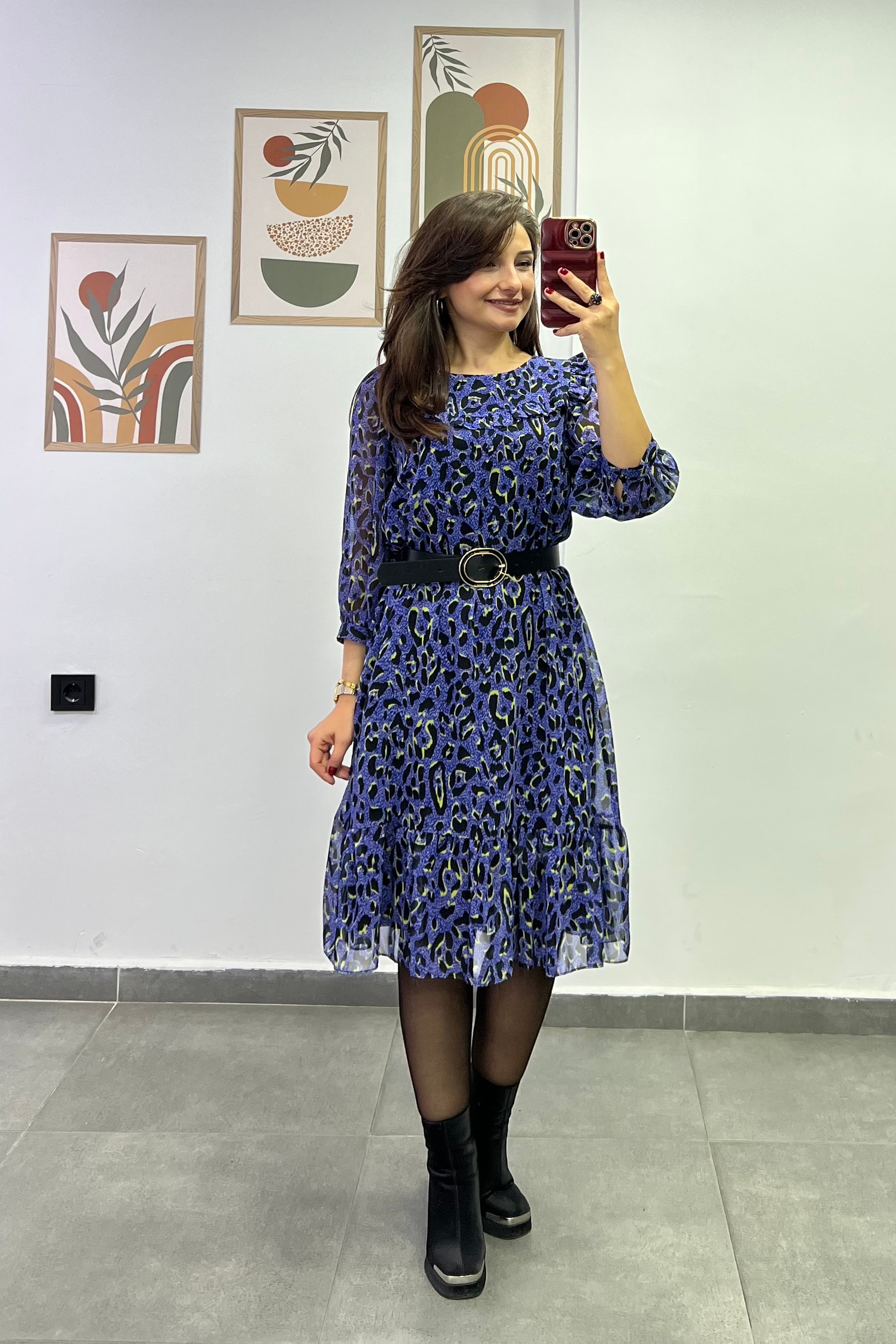 Etek Ucu Volanlı Sırtı Pencere Ve Bağlama Detaylı Kemerli Astarlı Şifon Elbise