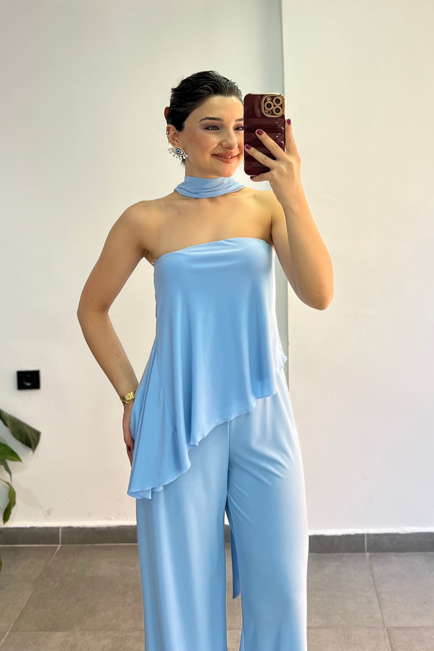 Üstü Straplez Verev Kesim Buzzy Kumaş Fular Detaylı İkili Takım - BEBE MAVİSİ