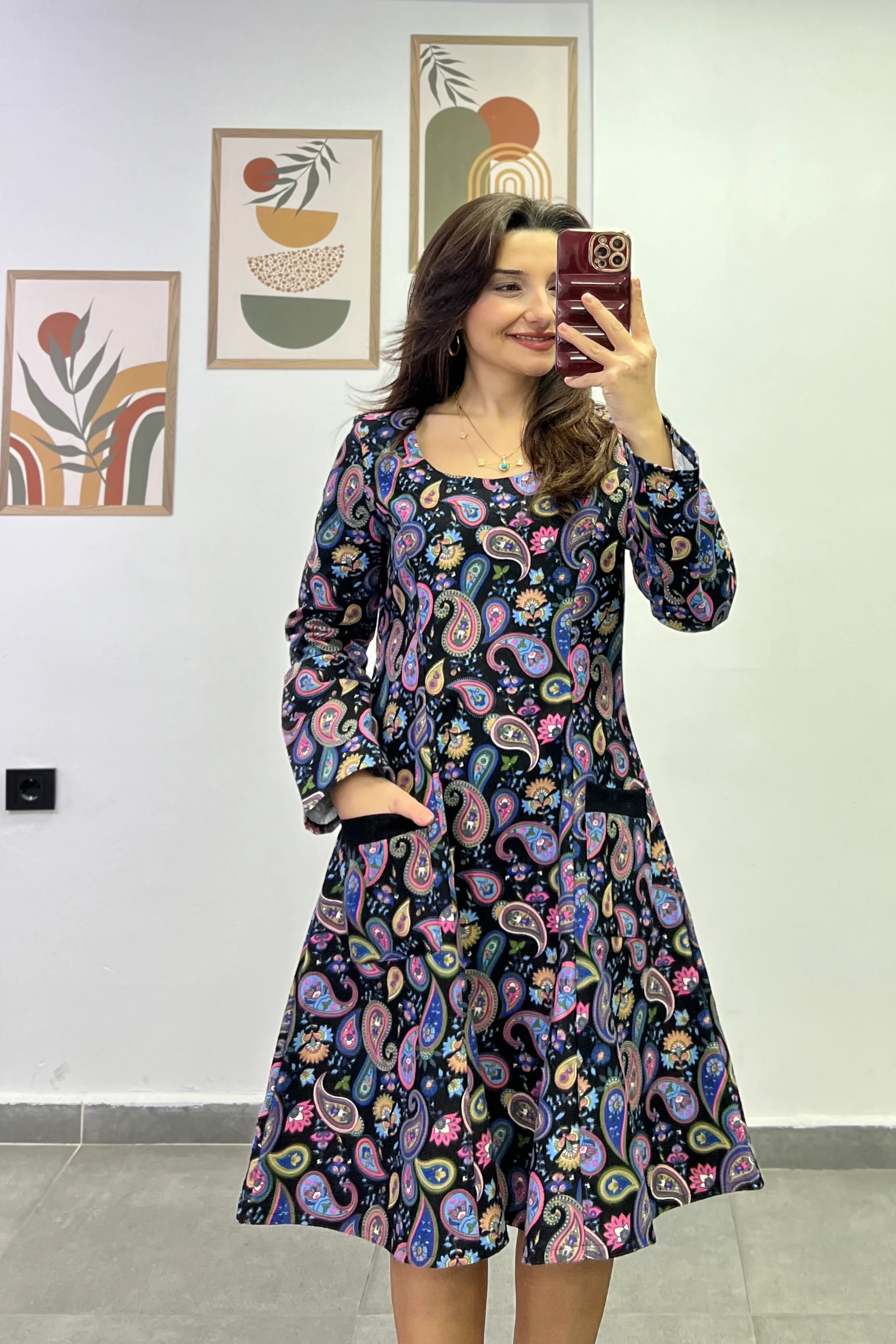 Oval Yaka Yanları Cep Detaylı Pazen Kumaş Çan Ebise - PEMBE MAVİ